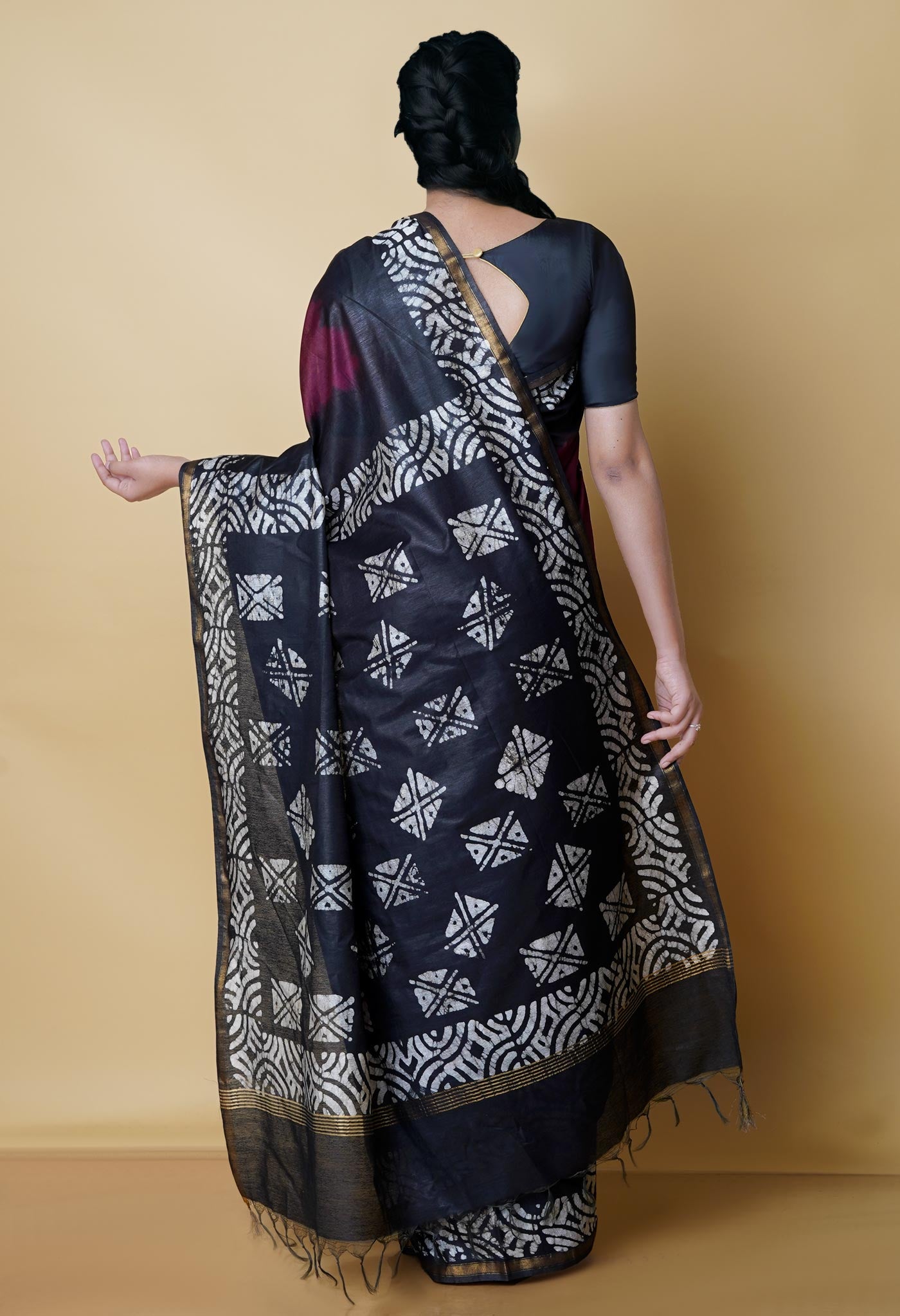 Burgundy-Black Pure Batik Chanderi Silk Saree-UNM70502