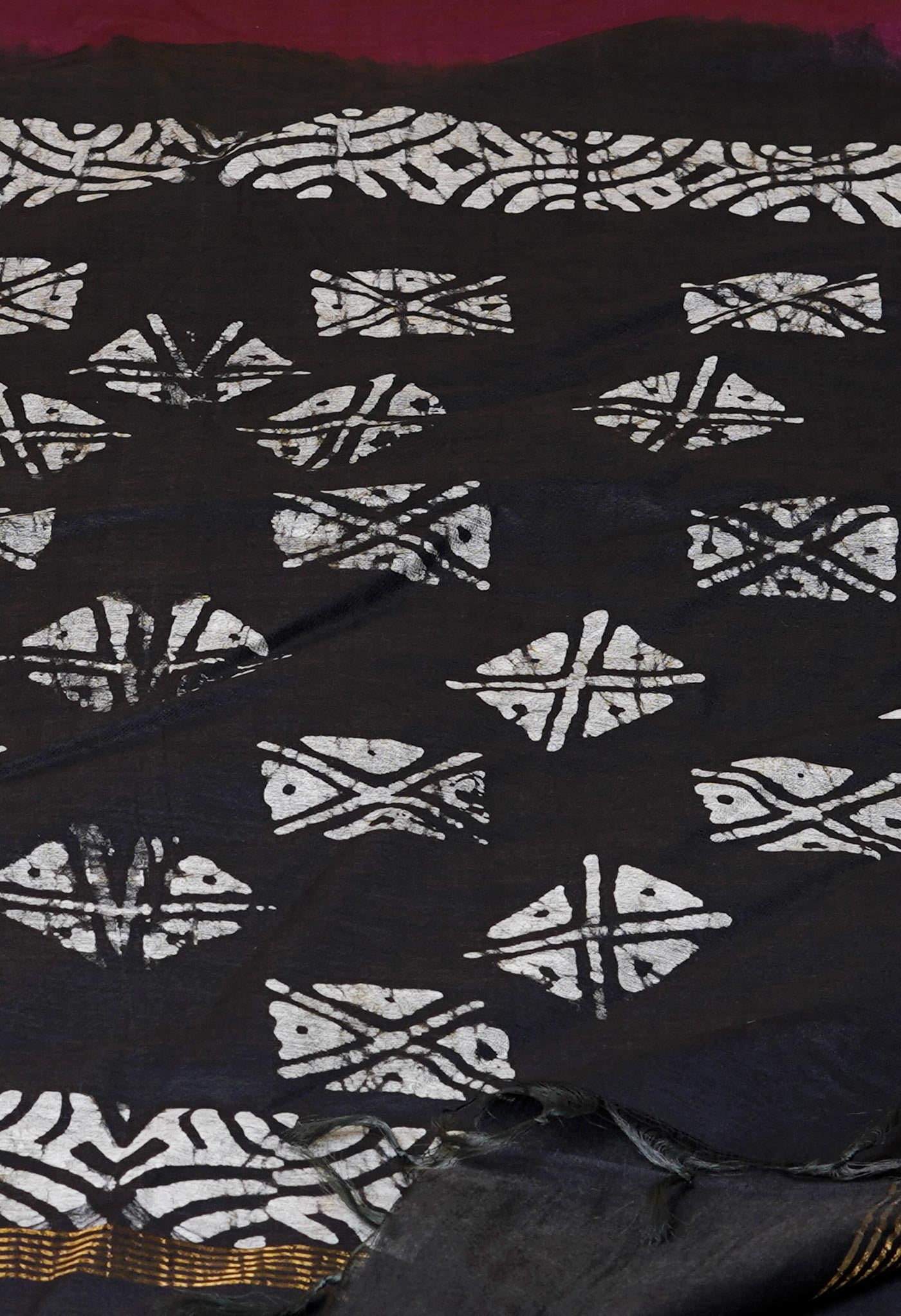 Burgundy-Black Pure Batik Chanderi Silk Saree-UNM70502