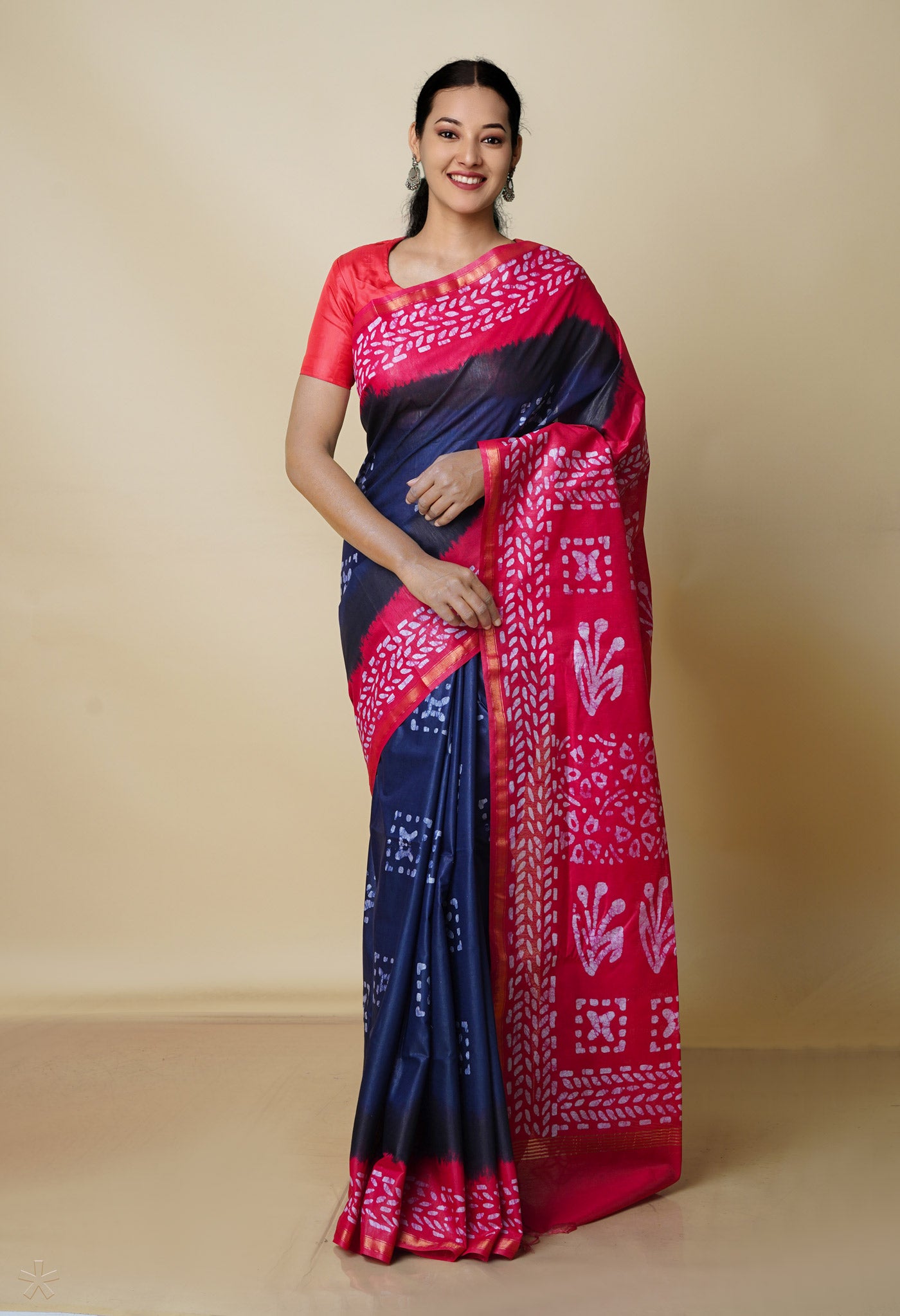 Navy Blue-Pink Pure Batik Chanderi Silk Saree-UNM70503