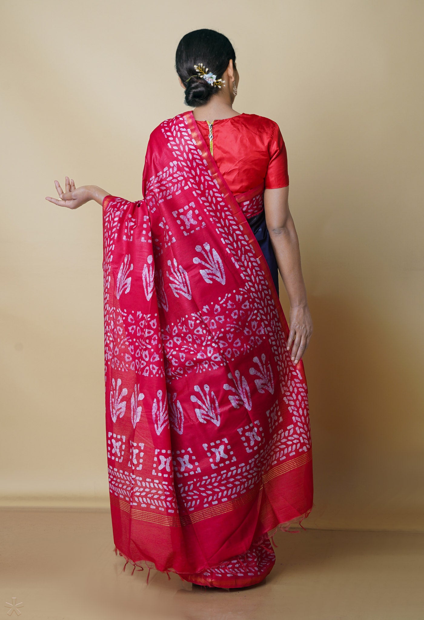 Navy Blue-Pink Pure Batik Chanderi Silk Saree-UNM70503