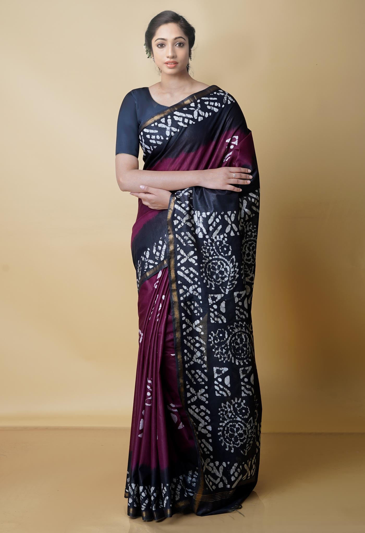Burgundy-Black Pure Batik Chanderi Silk Saree-UNM70504