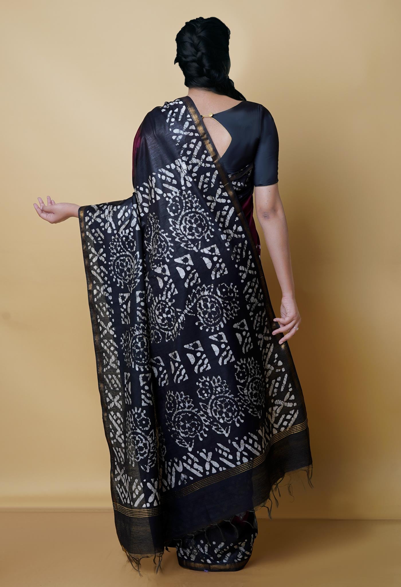 Burgundy-Black Pure Batik Chanderi Silk Saree-UNM70504
