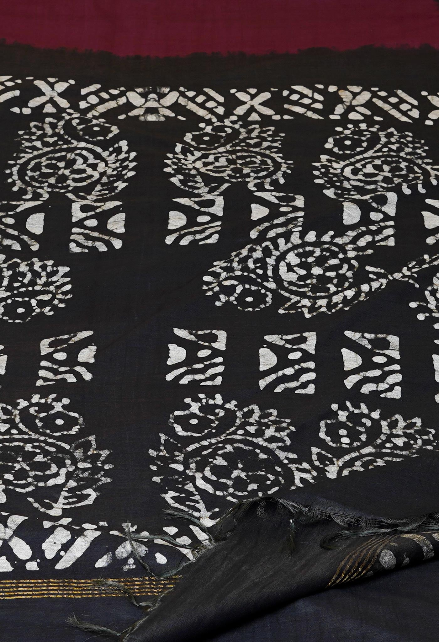 Burgundy-Black Pure Batik Chanderi Silk Saree-UNM70504