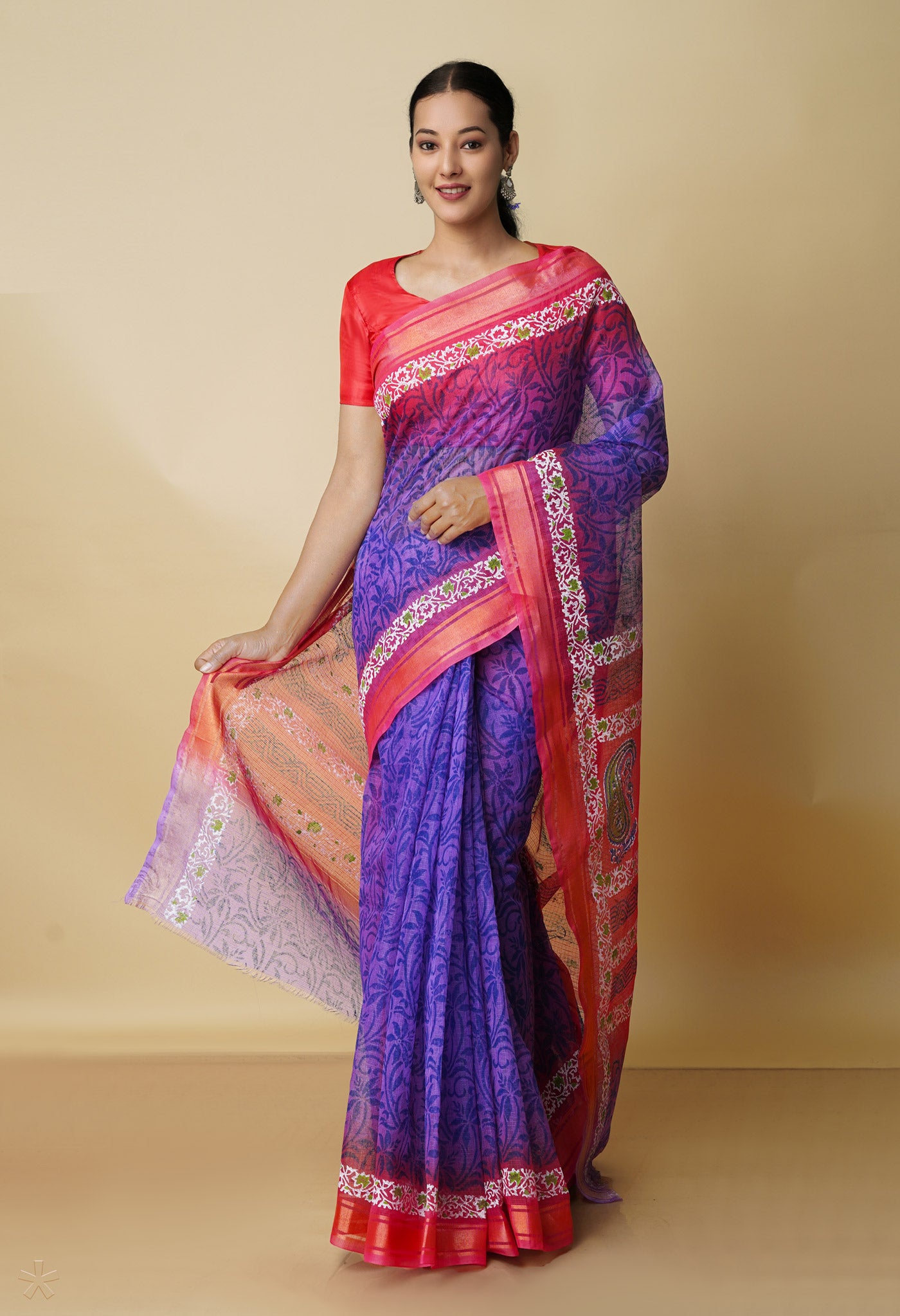 Indigo Purple Pure Block Printed Kota cotton Saree-UNM70535