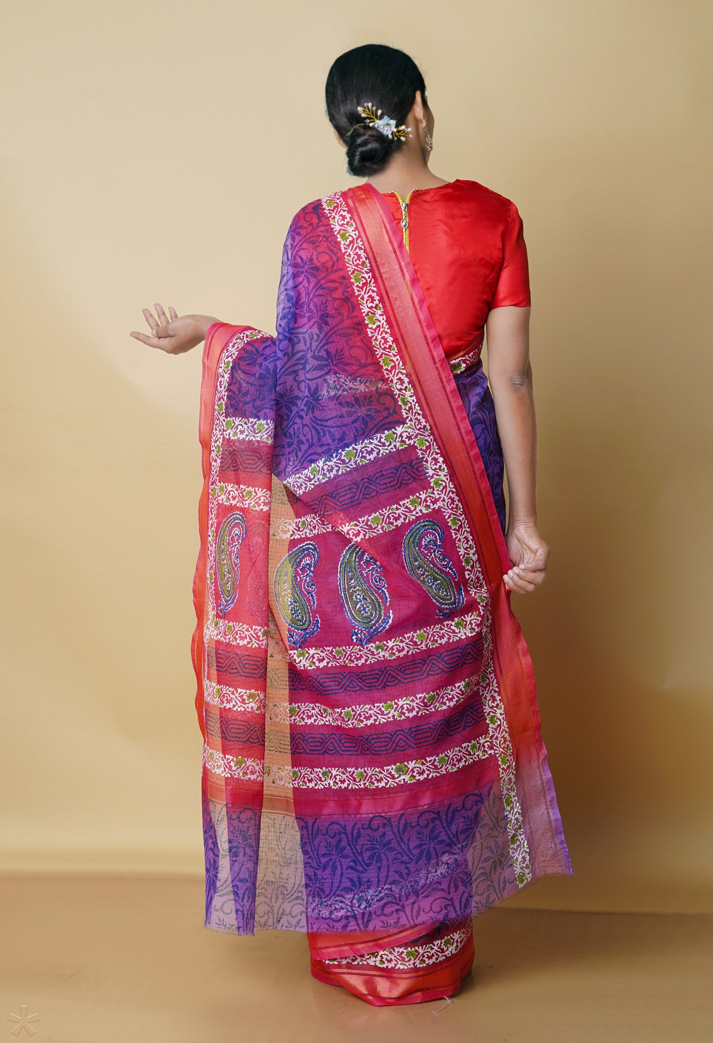 Indigo Purple Pure Block Printed Kota cotton Saree-UNM70535