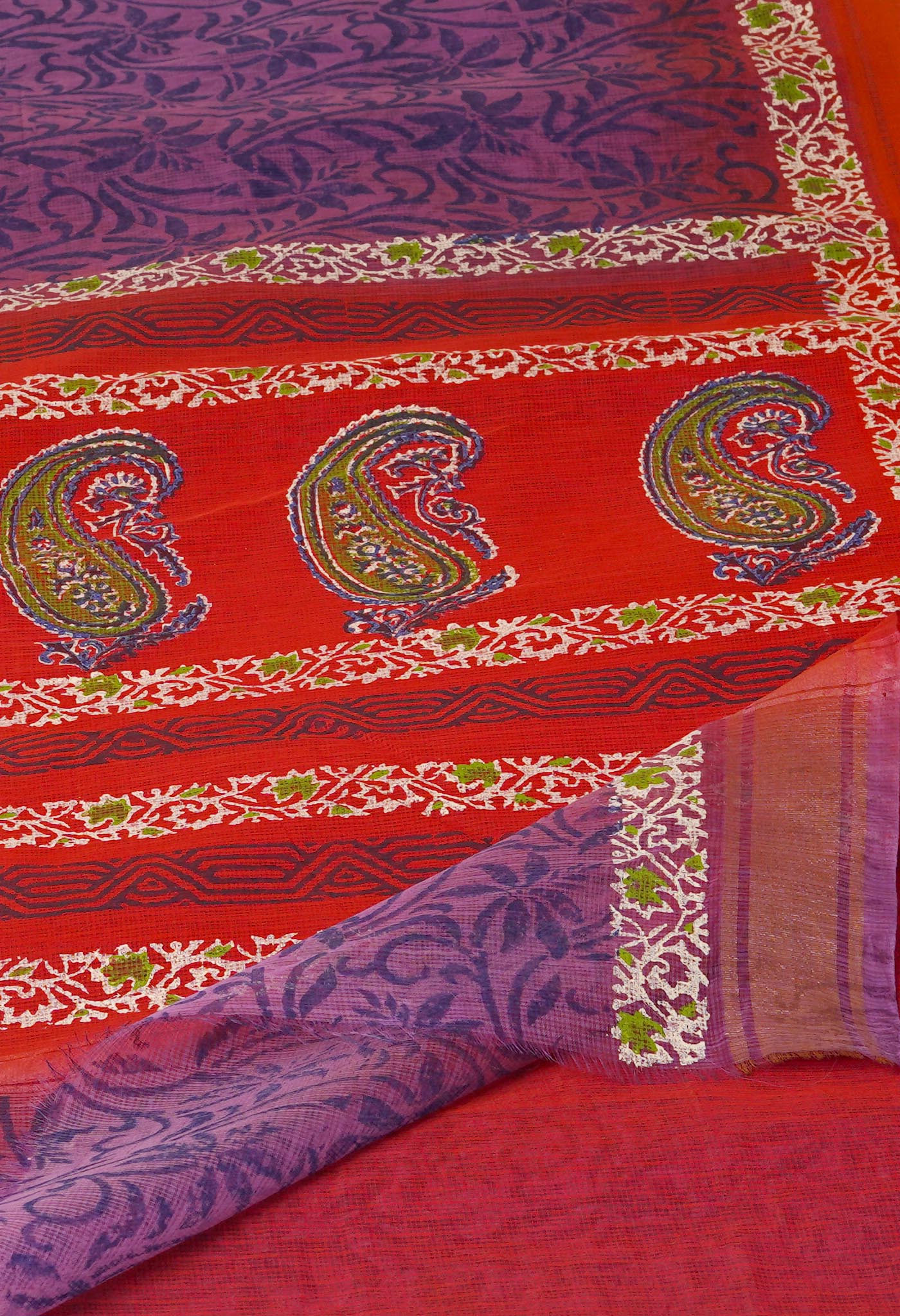 Indigo Purple Pure Block Printed Kota cotton Saree-UNM70535