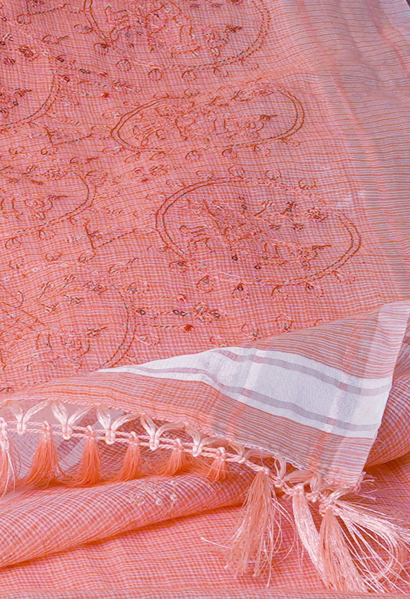 Peach Orange Pure Kota With Sequence Embroidery cotton Saree-UNM70563