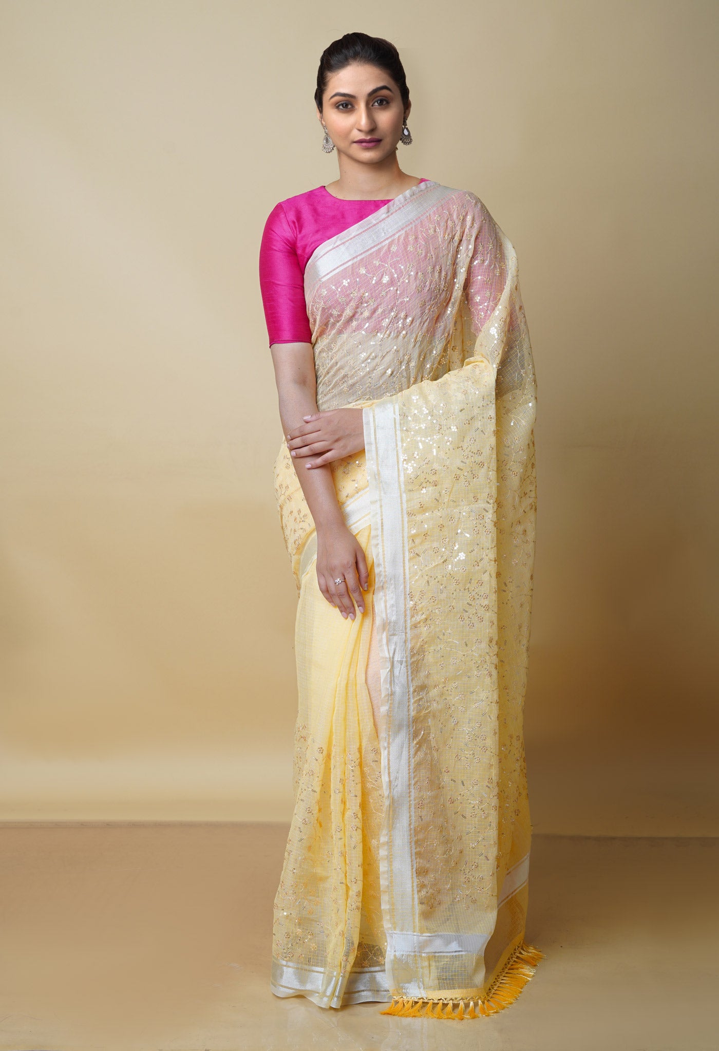Sunshine Yellow Pure Kota With Sequence Embroidery cotton Saree-UNM70573