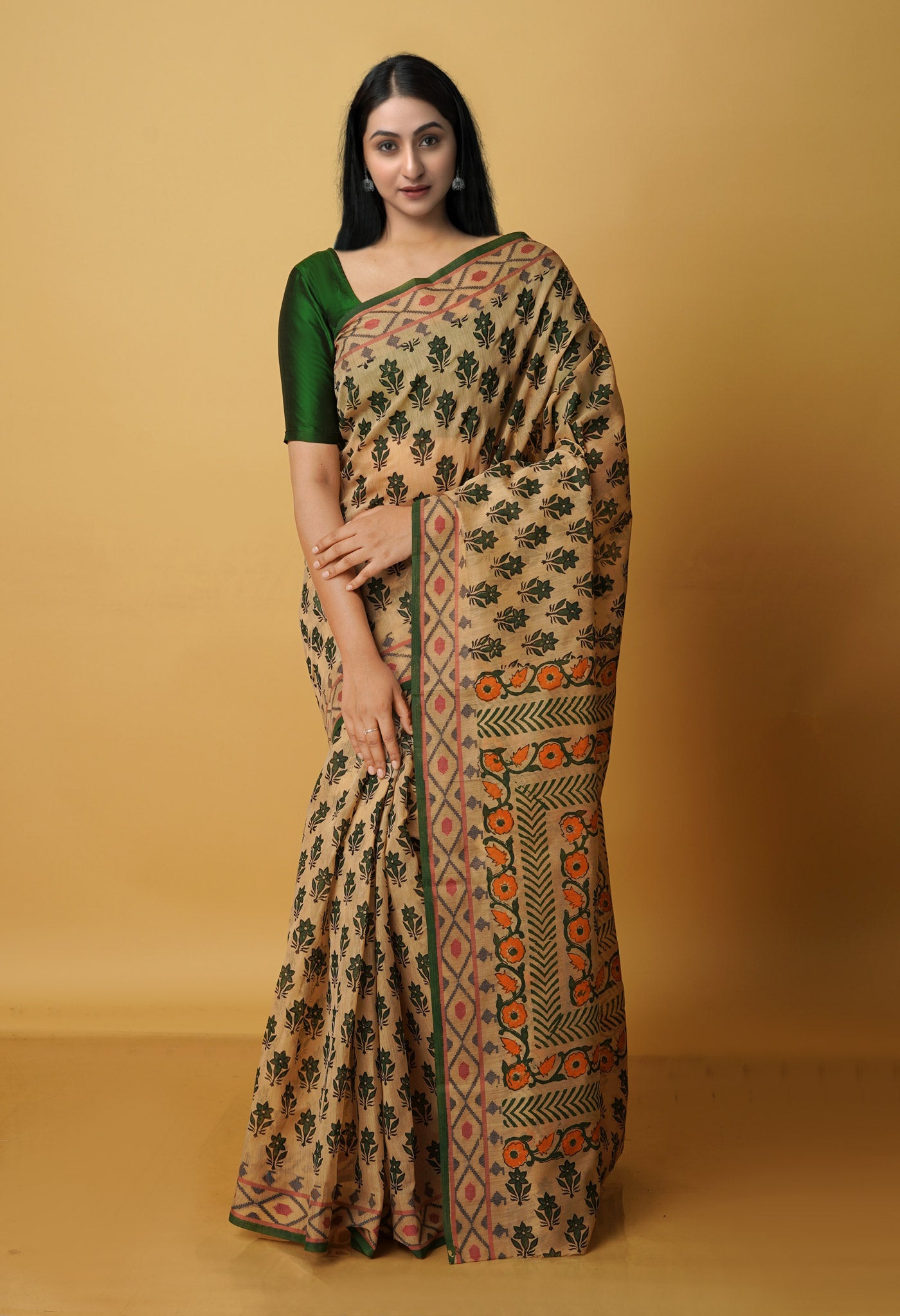 Cream Chanderi Block Printed Sico Saree-UNM70579