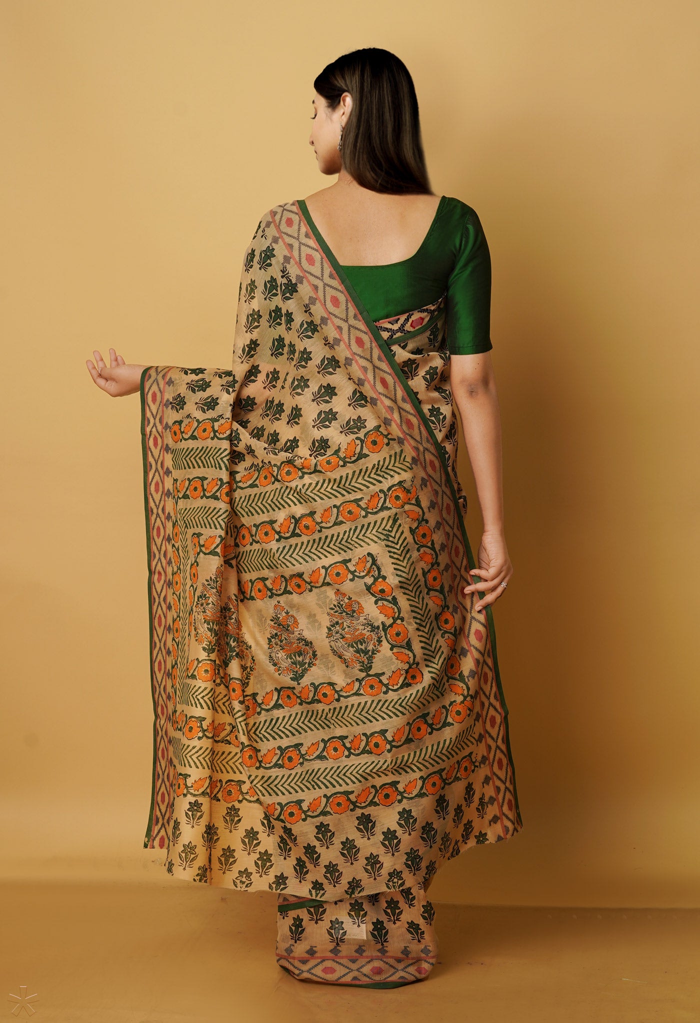 Cream Chanderi Block Printed Sico Saree-UNM70579