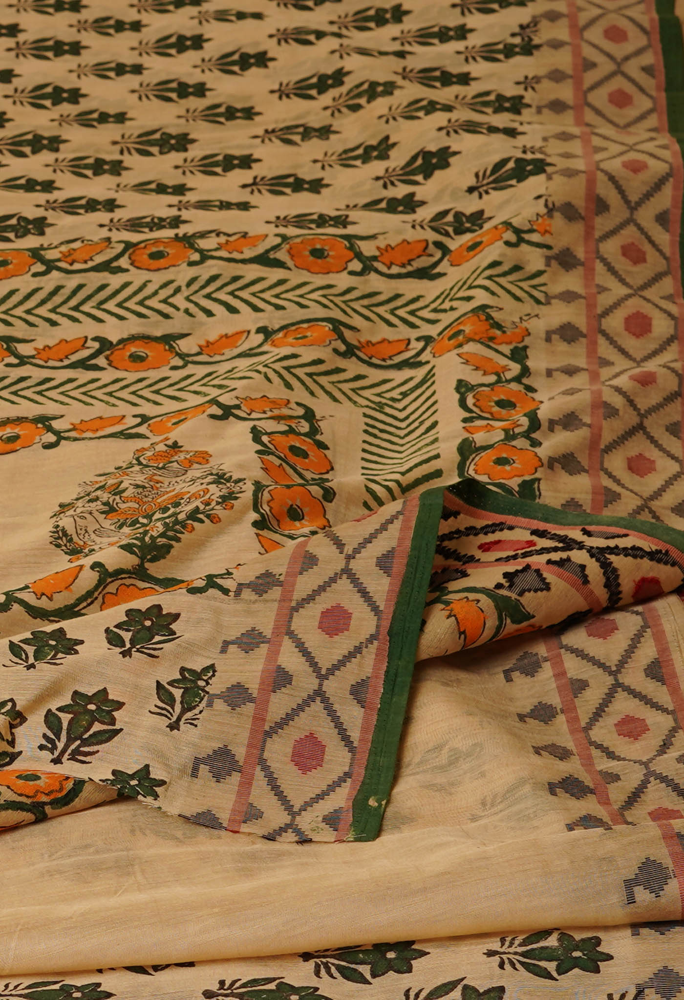 Cream Chanderi Block Printed Sico Saree-UNM70579