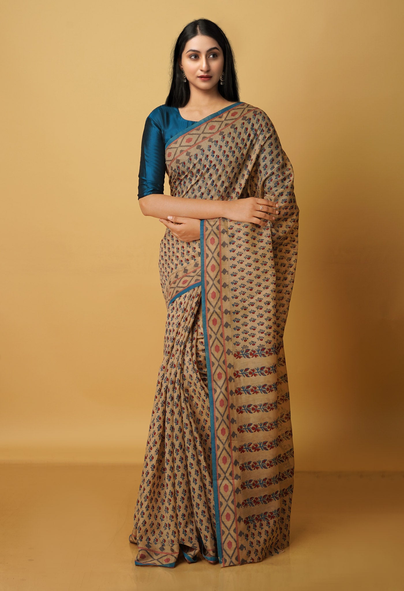 Cream Chanderi Block Printed Sico Saree-UNM70584
