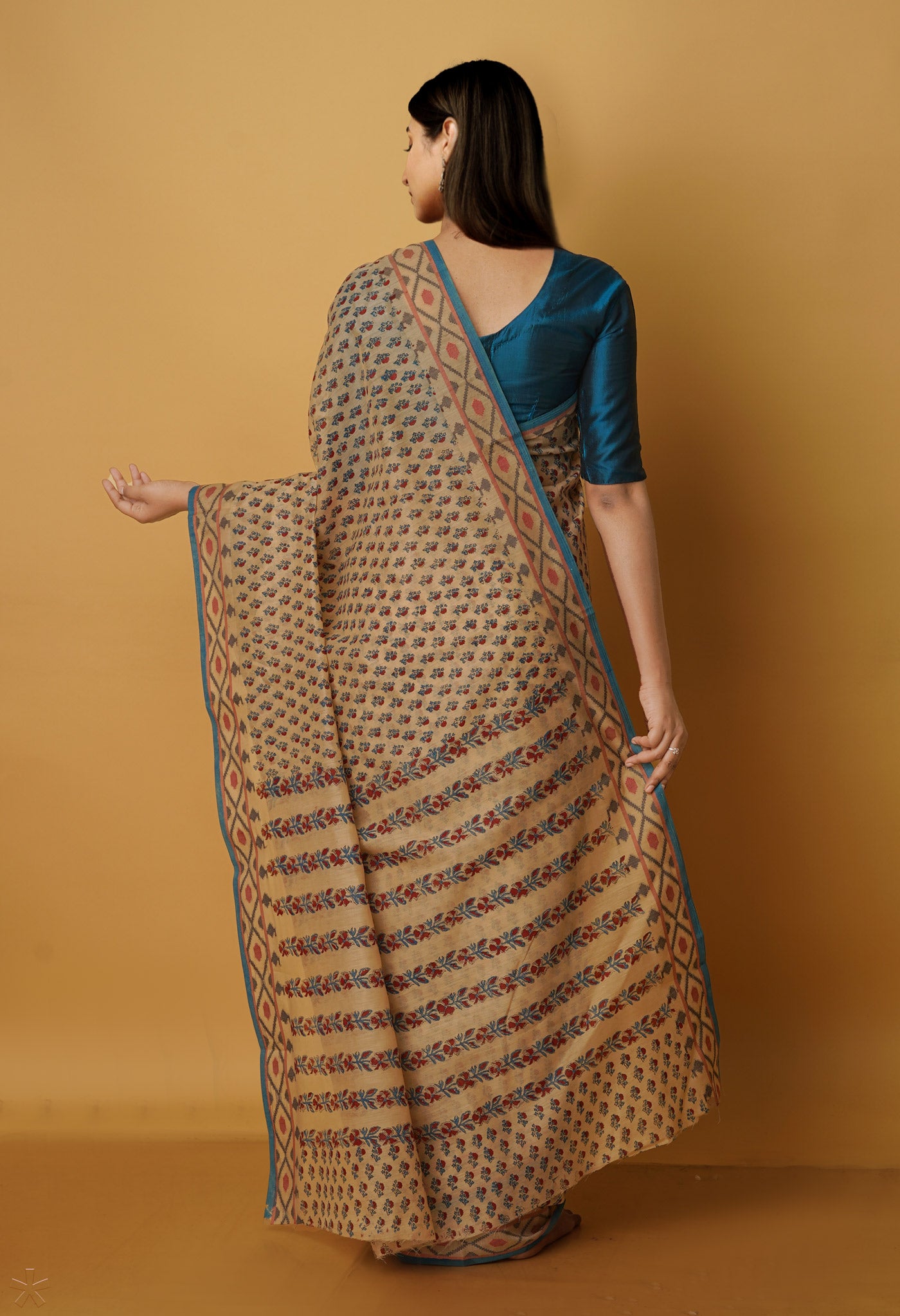 Cream Chanderi Block Printed Sico Saree-UNM70584