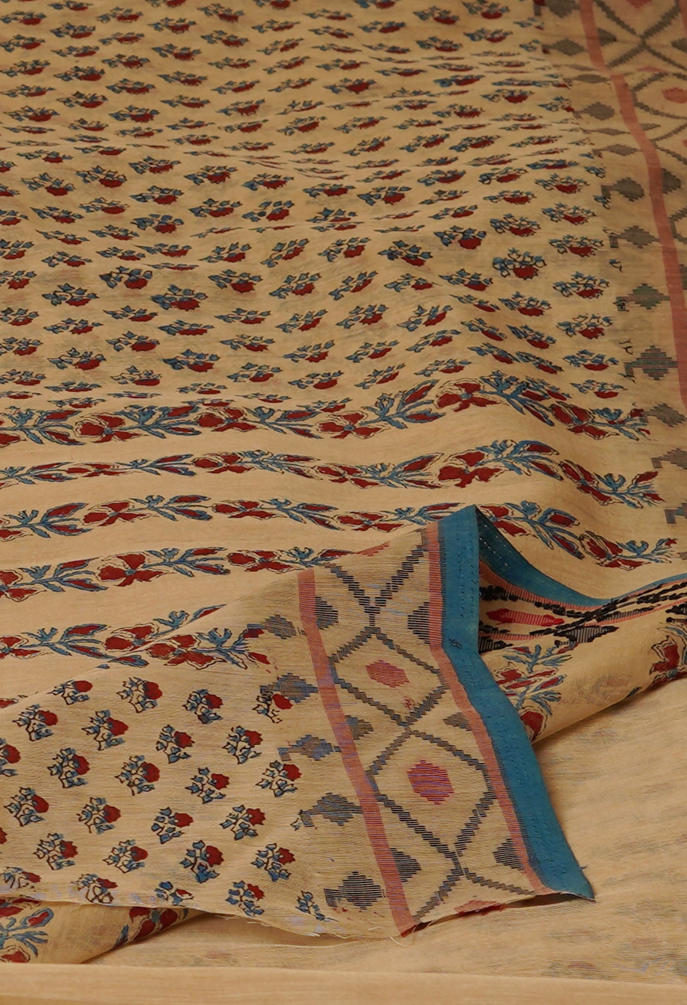 Cream Chanderi Block Printed Sico Saree-UNM70584