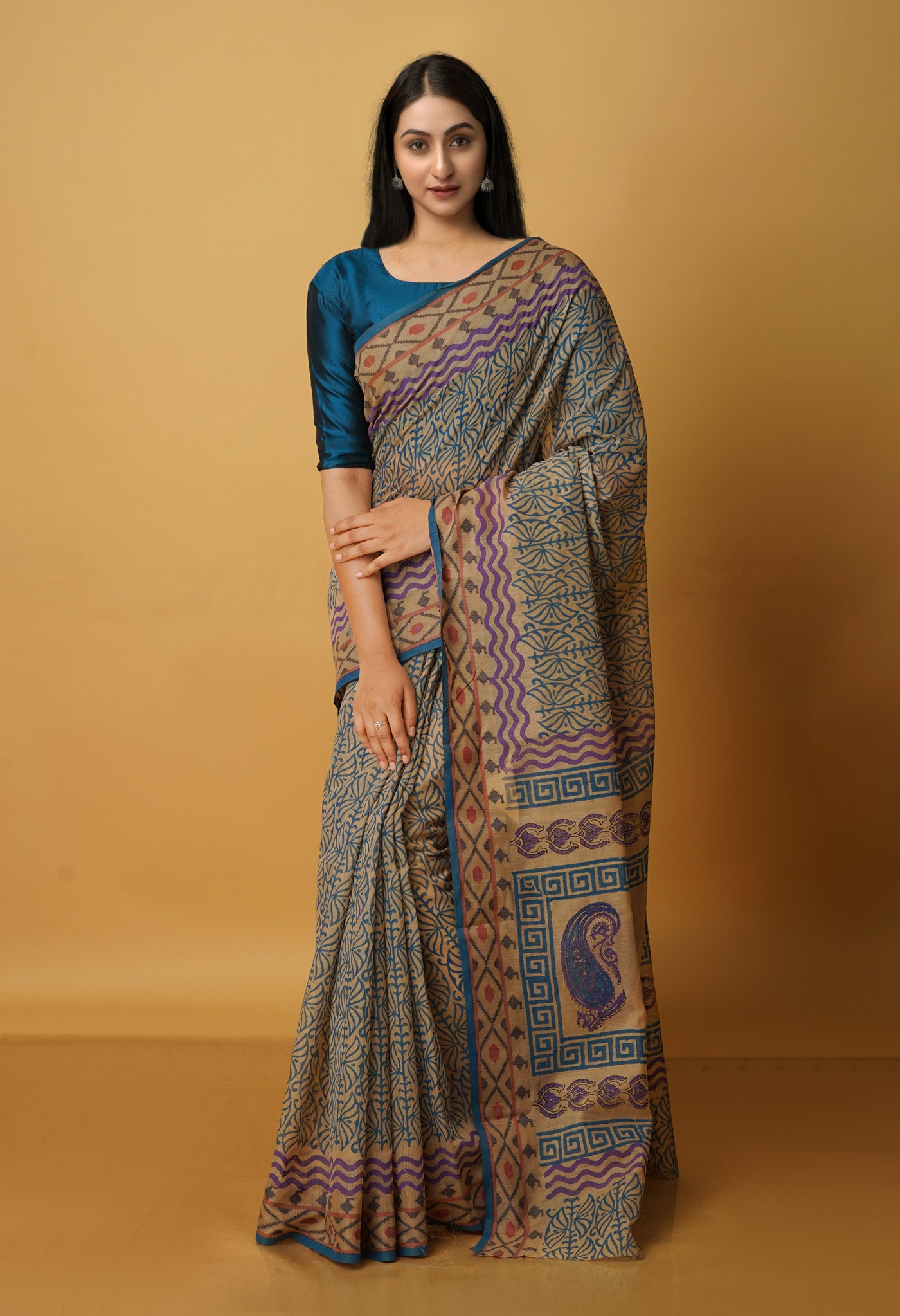 Cream Chanderi Block Printed Sico Saree-UNM70585