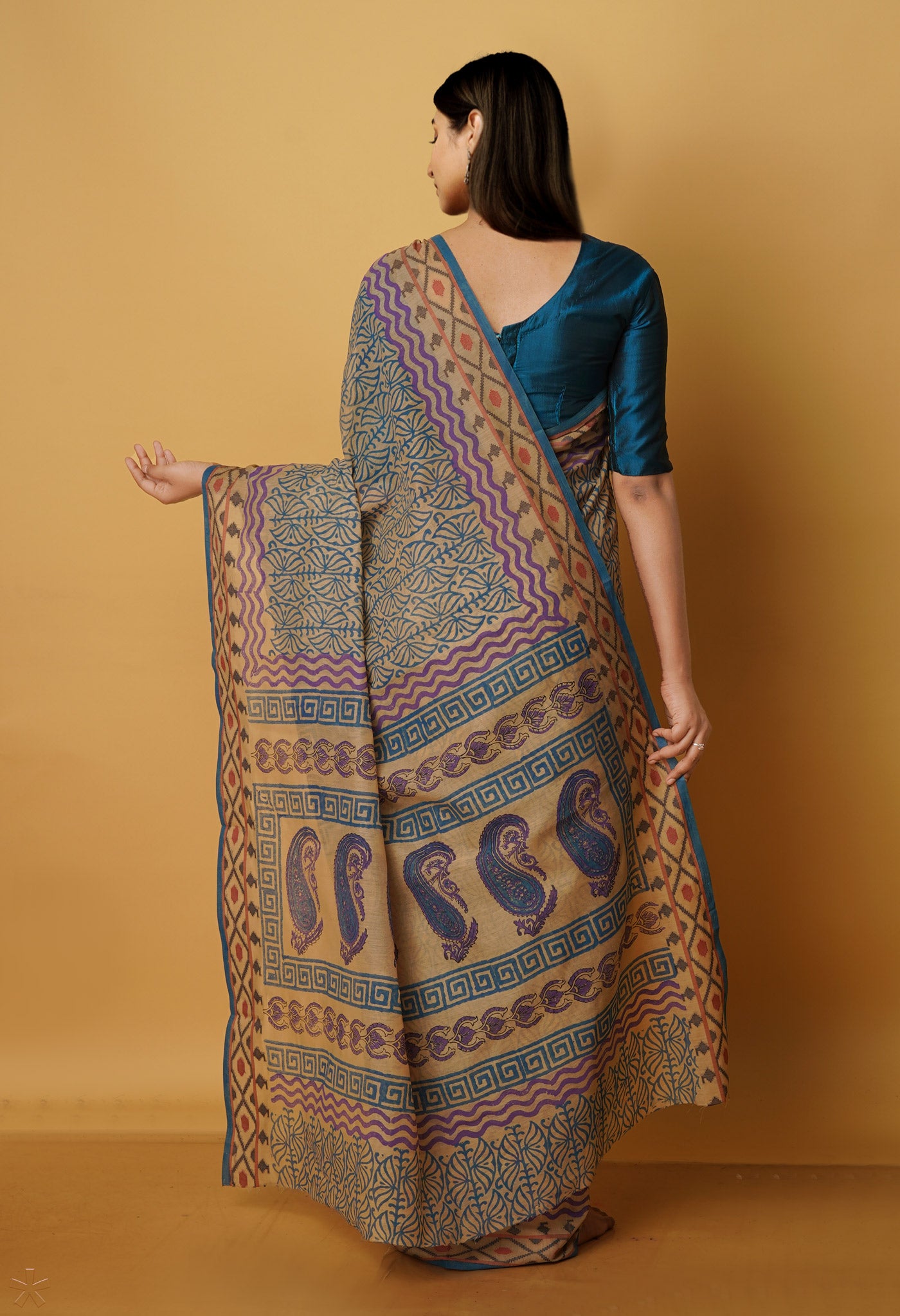 Cream Chanderi Block Printed Sico Saree-UNM70585