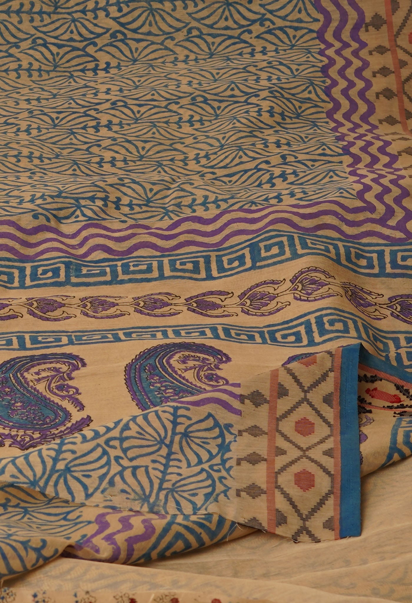 Cream Chanderi Block Printed Sico Saree-UNM70585