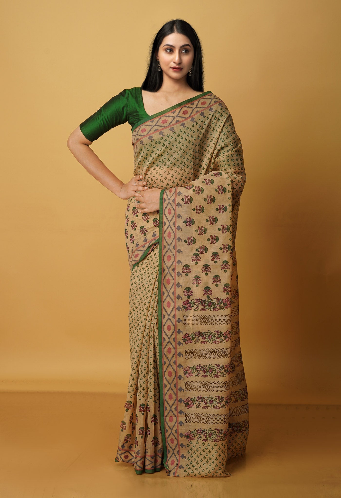 Cream Chanderi Block Printed Sico Saree-UNM70591