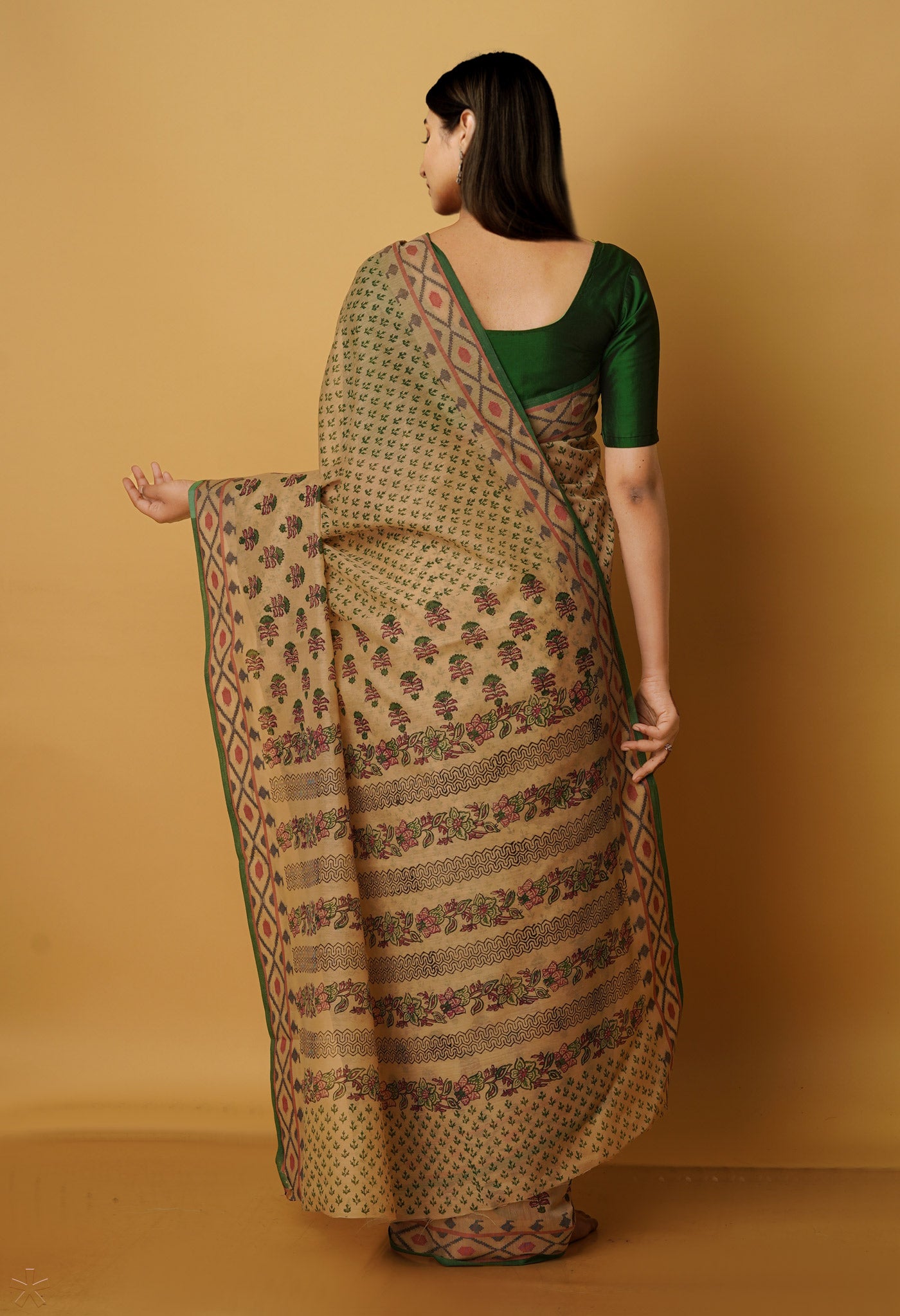 Cream Chanderi Block Printed Sico Saree-UNM70591