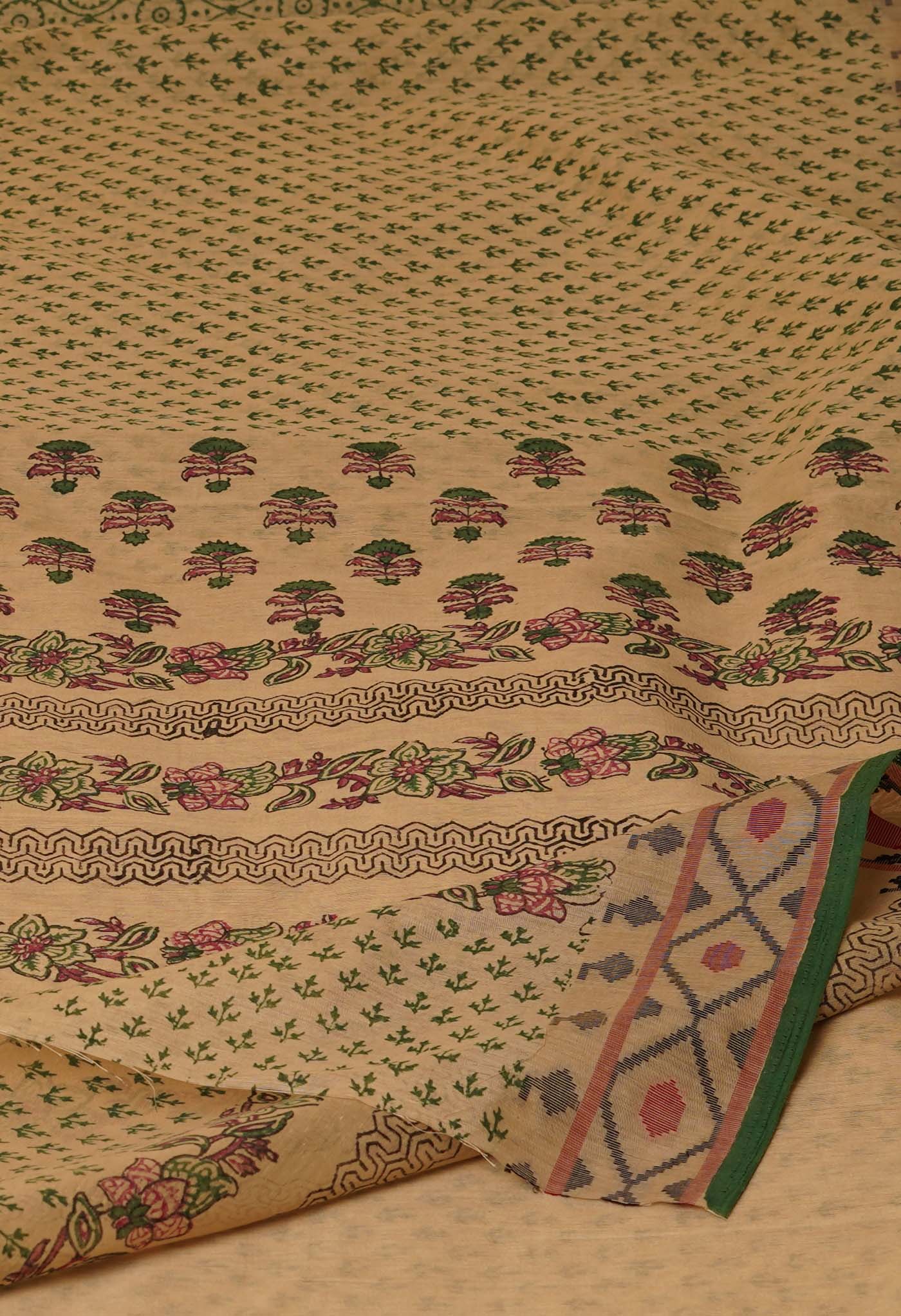 Cream Chanderi Block Printed Sico Saree-UNM70591