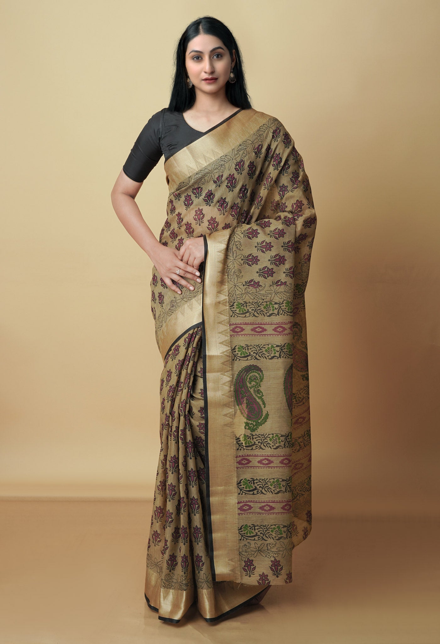 Light Brown Chanderi Block Printed Sico Saree-UNM70597