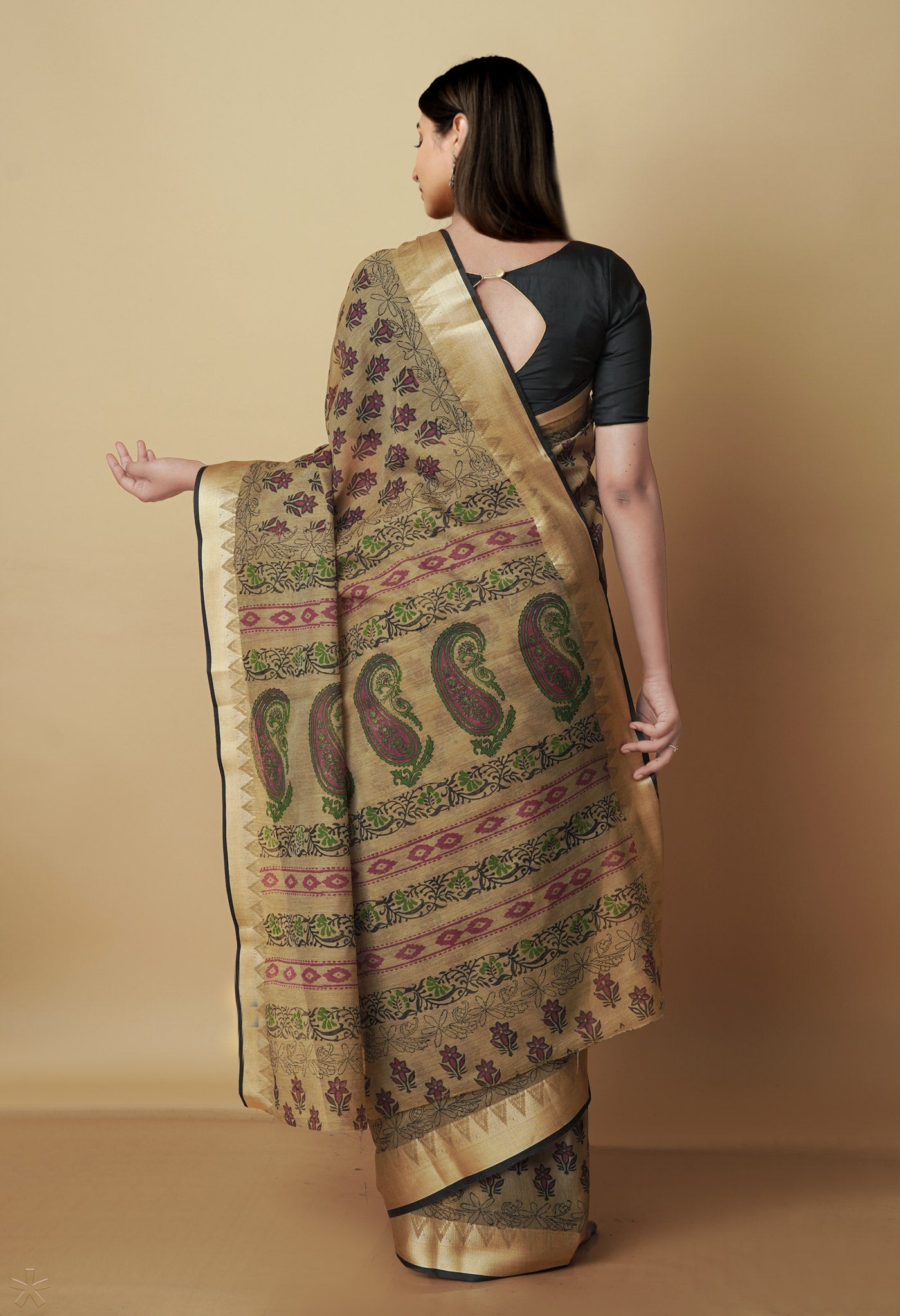 Light Brown Chanderi Block Printed Sico Saree-UNM70597