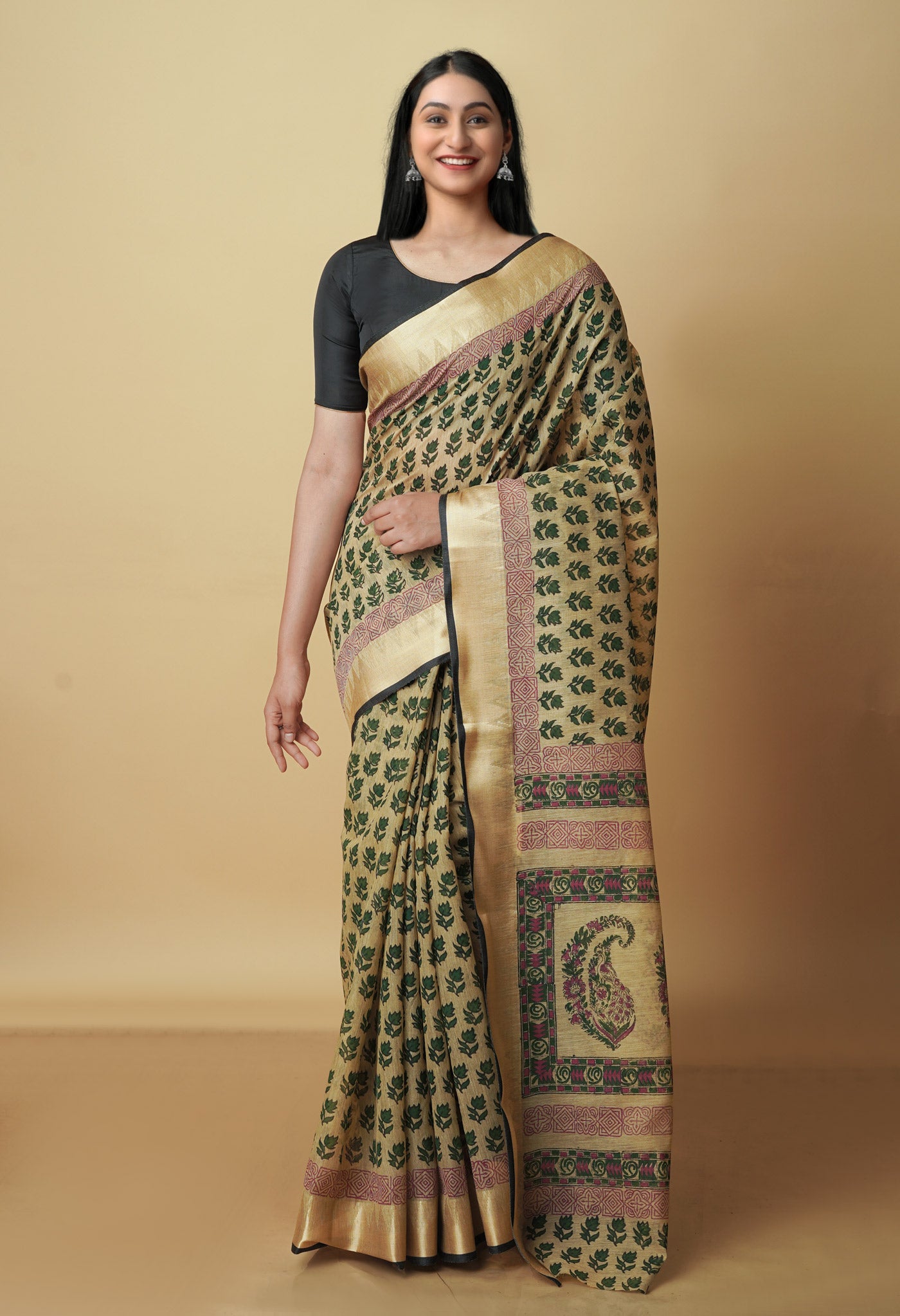 Light Brown Chanderi Block Printed Sico Saree-UNM70603