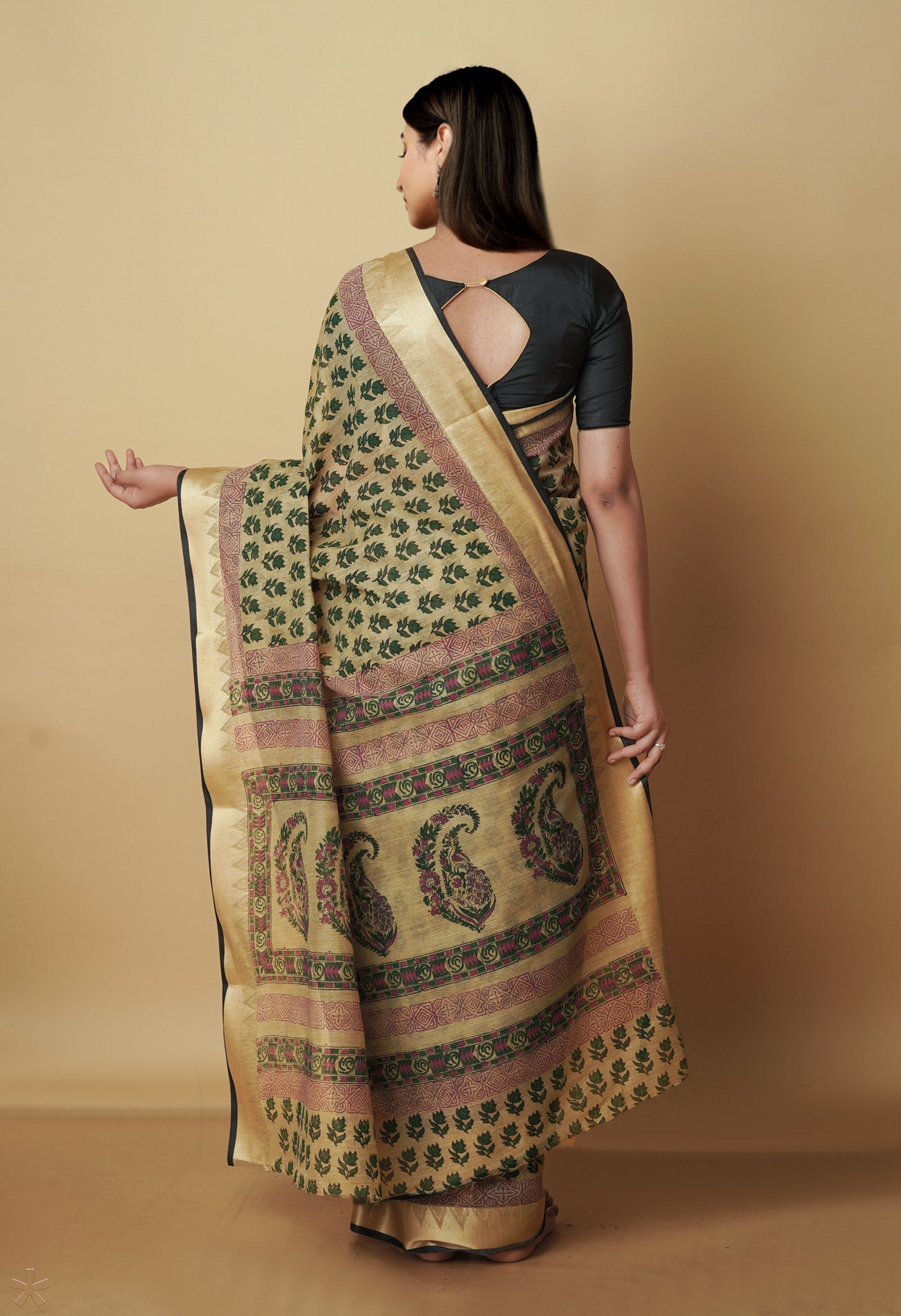 Light Brown Chanderi Block Printed Sico Saree-UNM70603