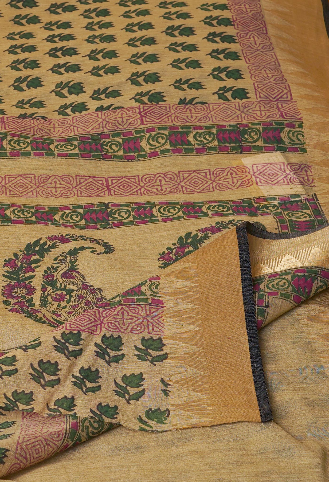 Light Brown Chanderi Block Printed Sico Saree-UNM70603