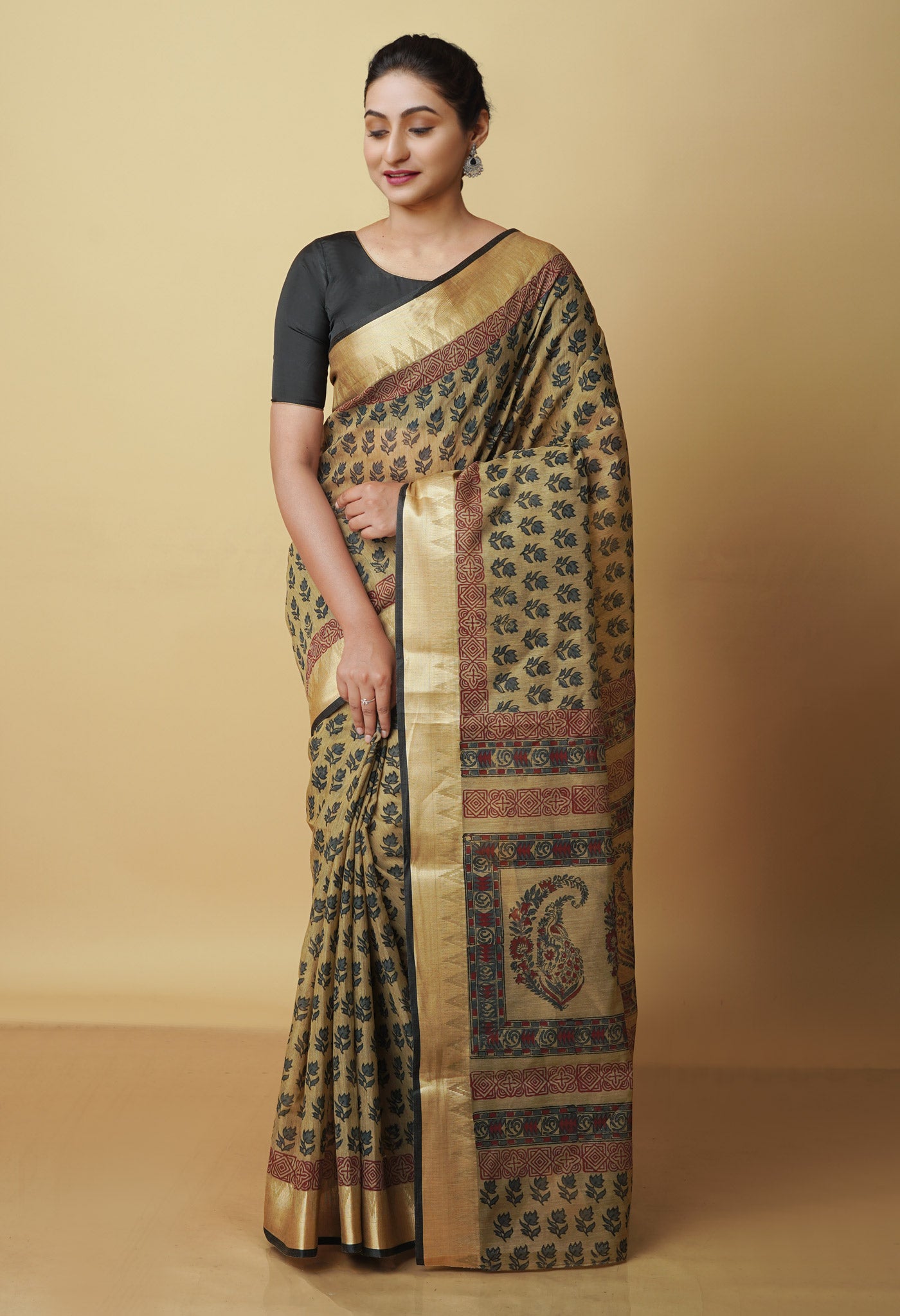 Light Brown Chanderi Block Printed Sico Saree-UNM70604