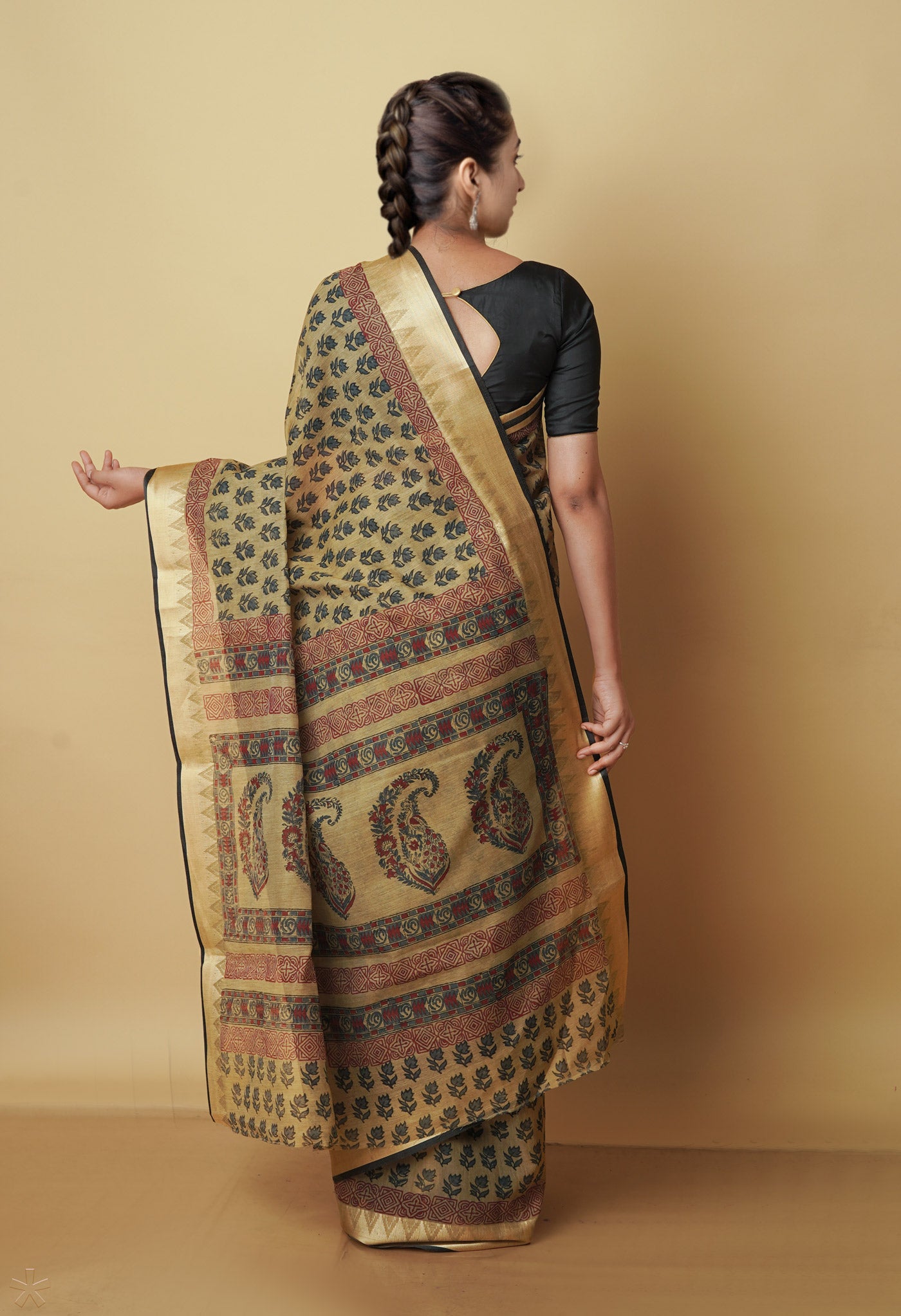 Light Brown Chanderi Block Printed Sico Saree-UNM70604