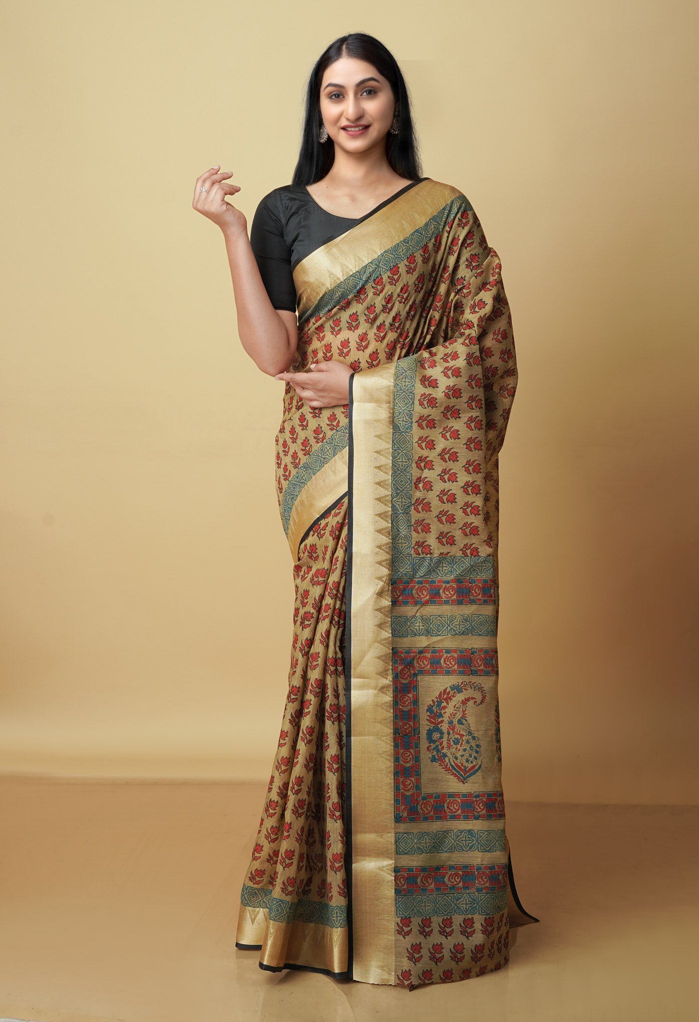 Light Brown Chanderi Block Printed Sico Saree-UNM70605