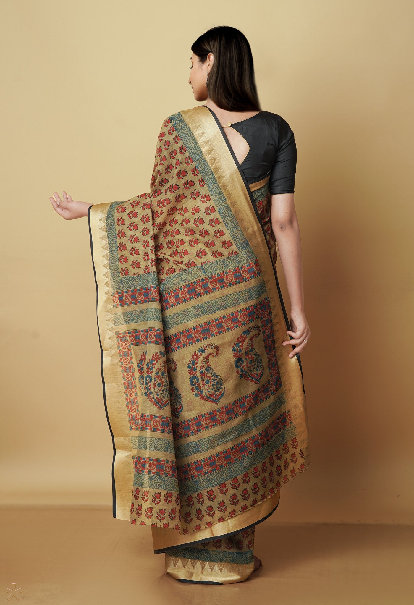Light Brown Chanderi Block Printed Sico Saree-UNM70605