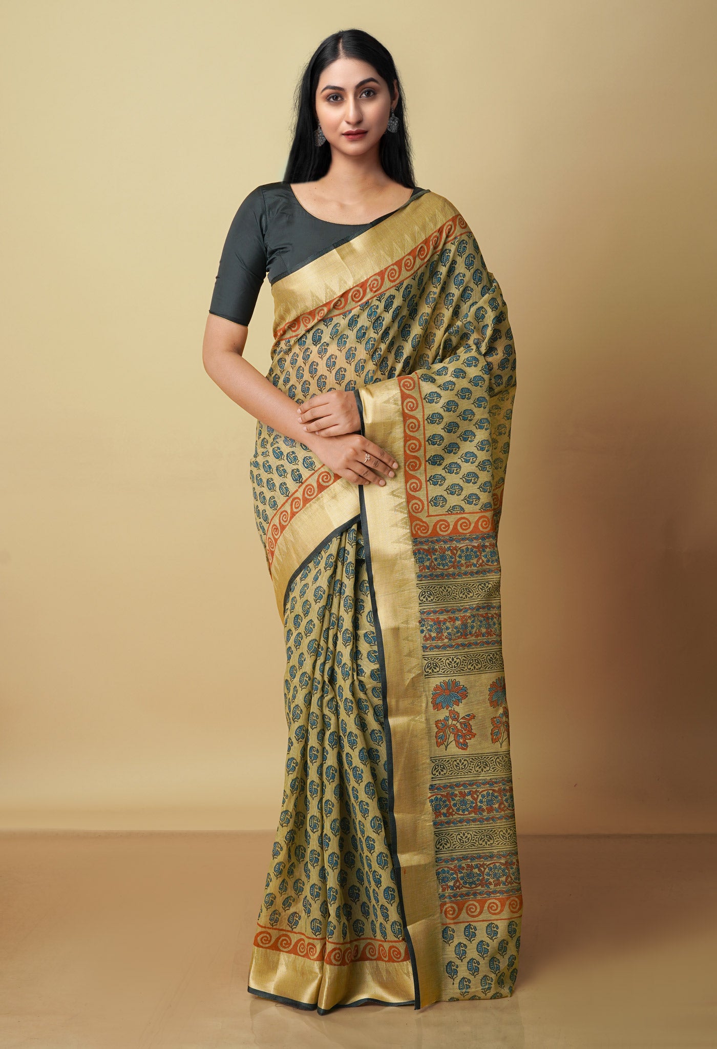Light Brown Chanderi Block Printed Sico Saree-UNM70608
