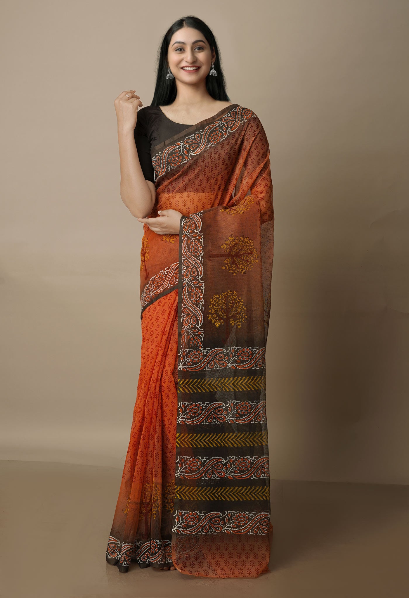 Salmon Orange Block Printed Meghalaya Supernet Saree With Pochampally Blouse Piece-UNM70638