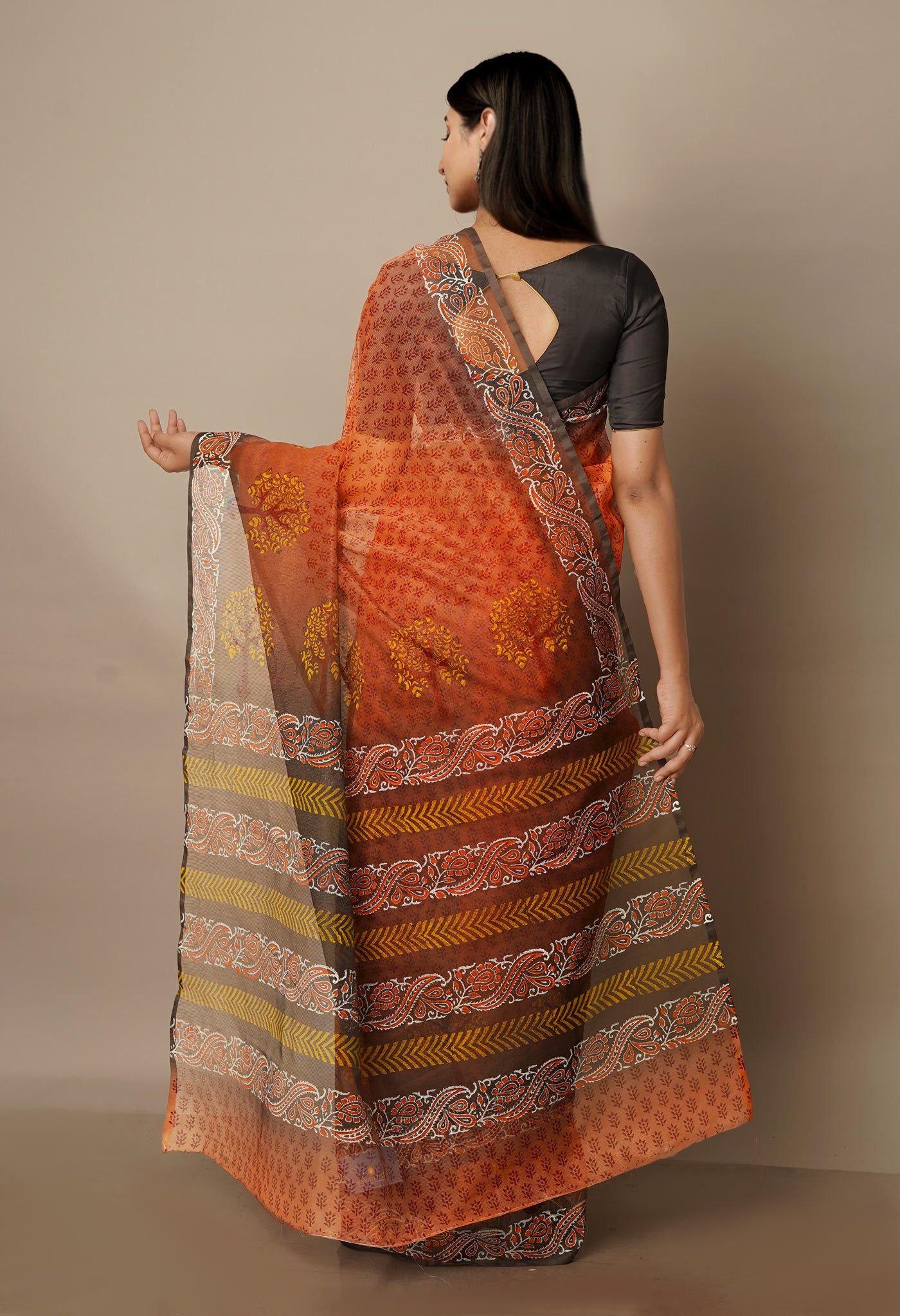 Salmon Orange Block Printed Meghalaya Supernet Saree With Pochampally Blouse Piece-UNM70638