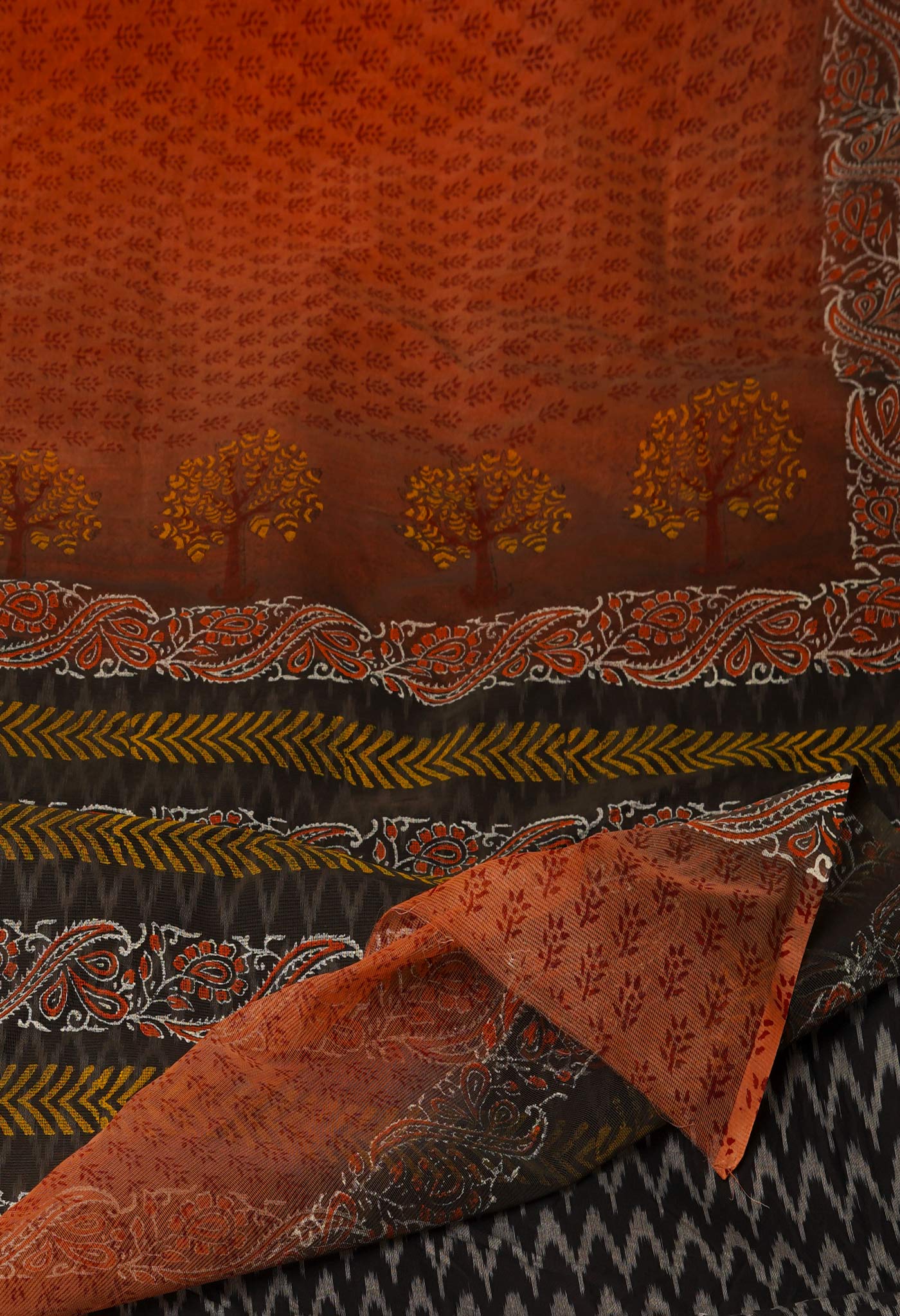 Salmon Orange Block Printed Meghalaya Supernet Saree With Pochampally Blouse Piece-UNM70638