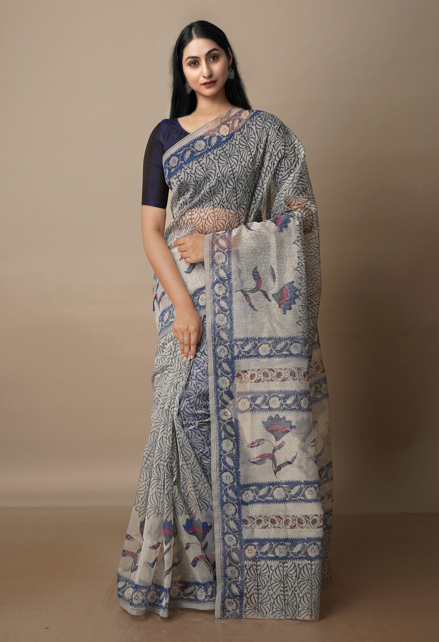 Pale Grey Block Printed Meghalaya Supernet Saree With Pochampally Blouse Piece-UNM70645