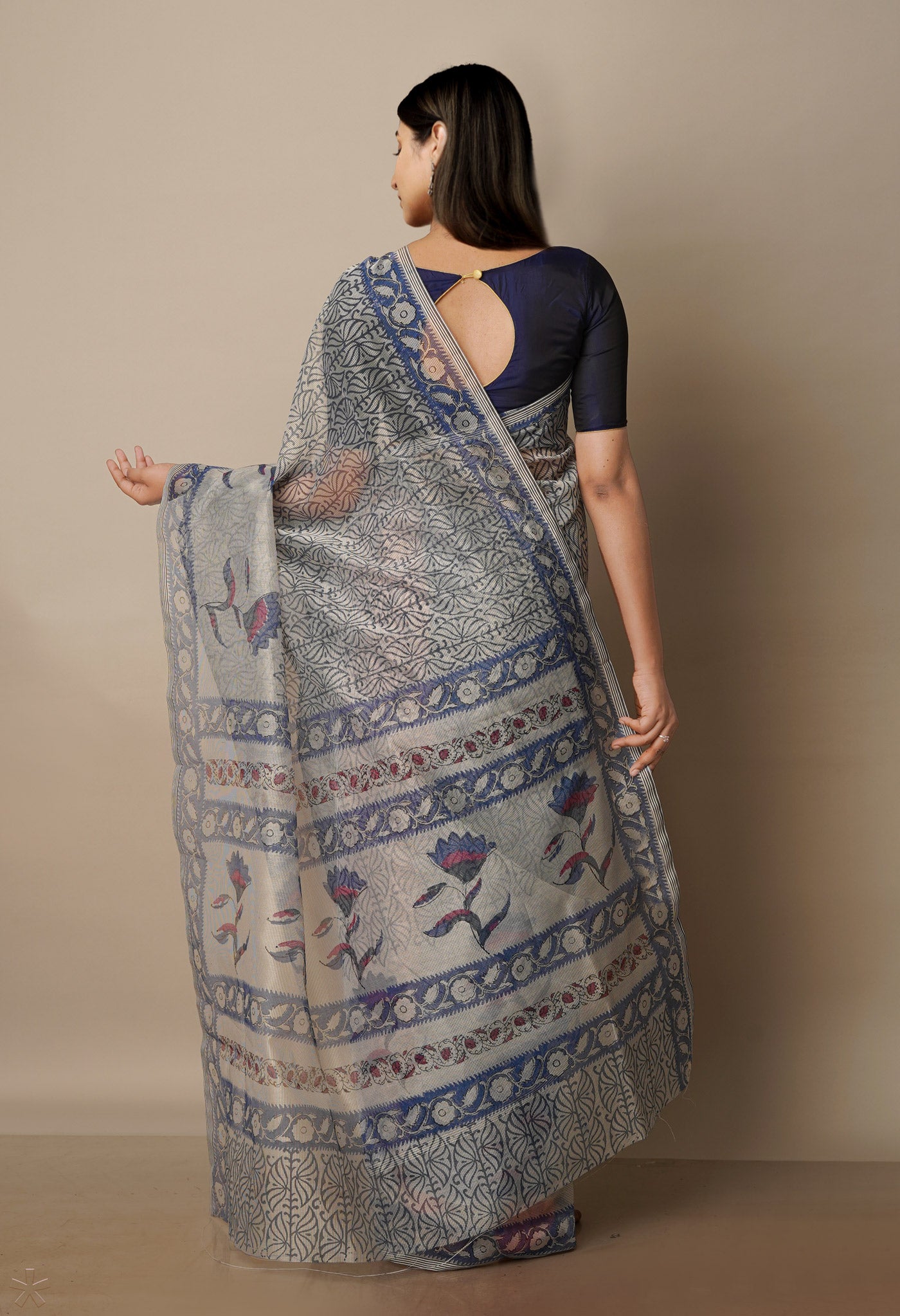 Pale Grey Block Printed Meghalaya Supernet Saree With Pochampally Blouse Piece-UNM70645