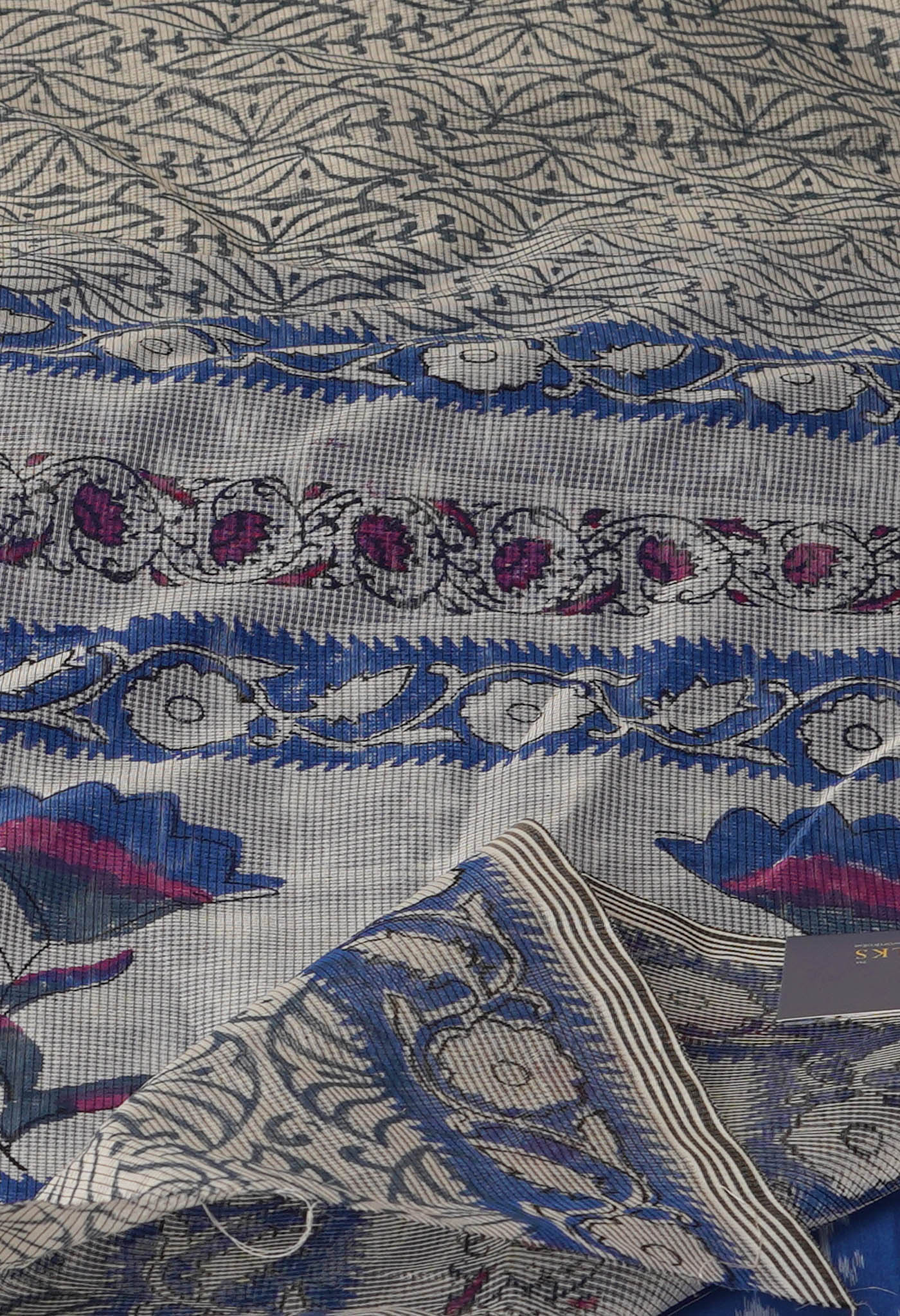 Pale Grey Block Printed Meghalaya Supernet Saree With Pochampally Blouse Piece-UNM70645