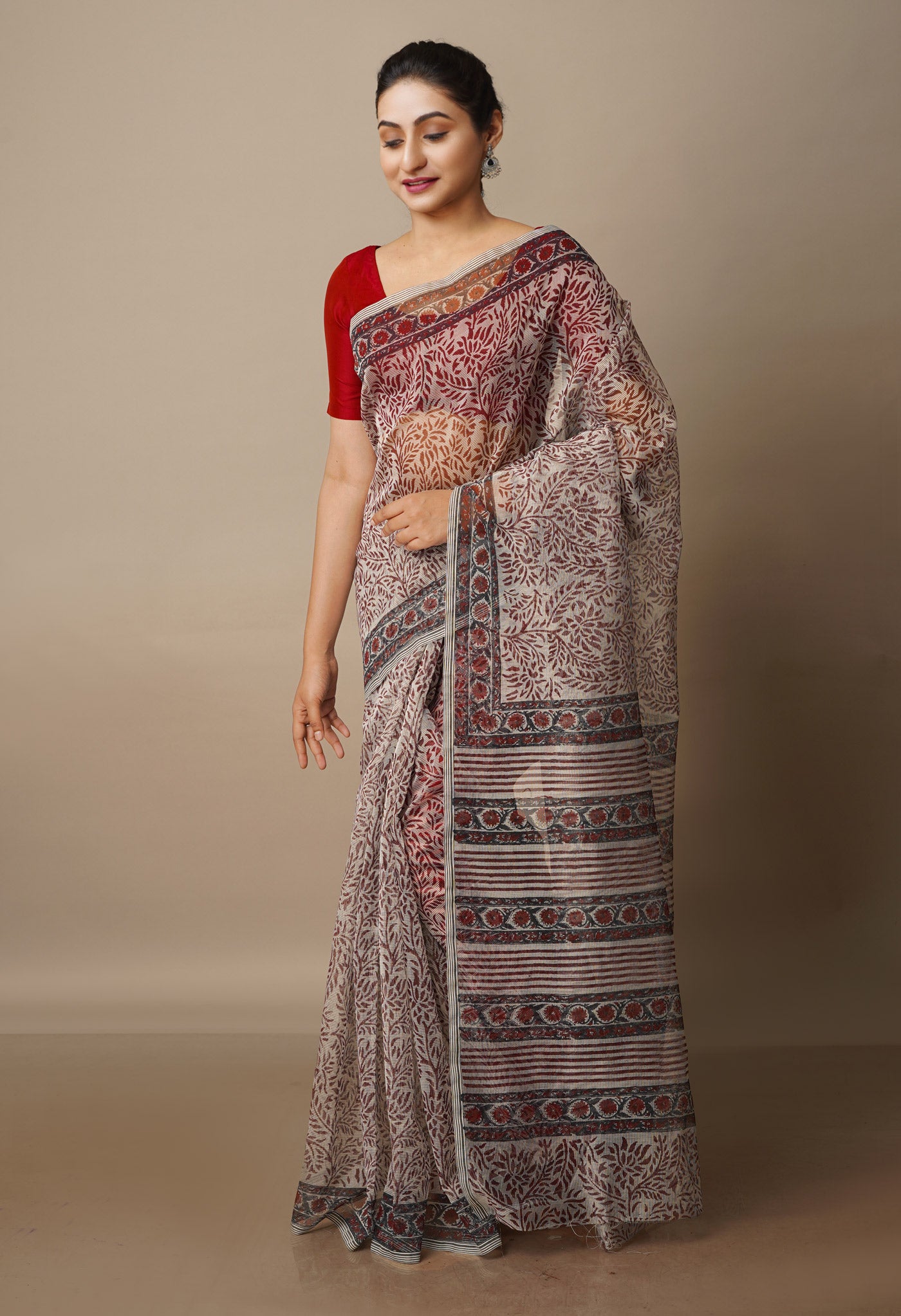 Beige Block Printed Meghalaya Supernet Saree With Pochampally Blouse Piece-UNM70646