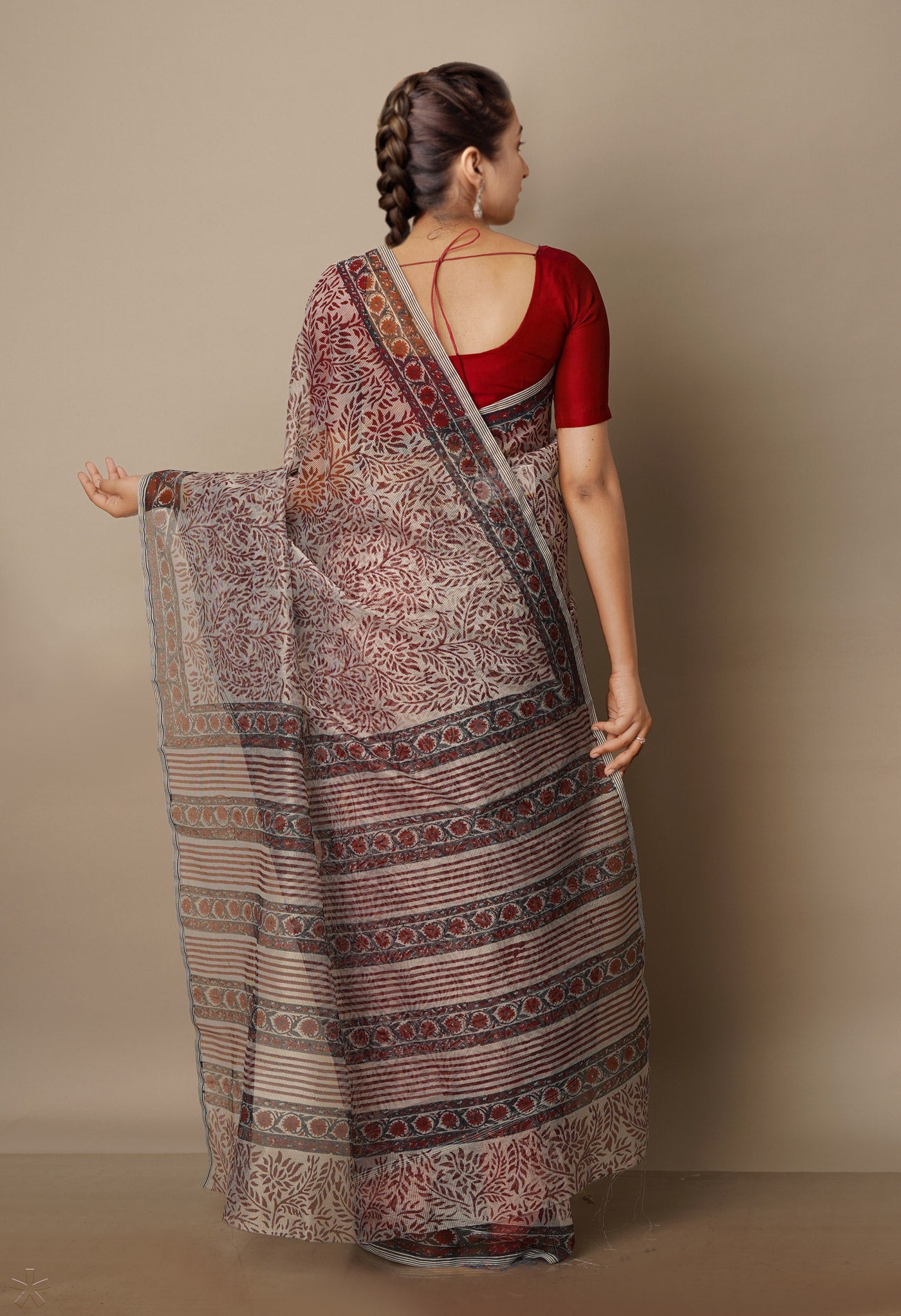 Beige Block Printed Meghalaya Supernet Saree With Pochampally Blouse Piece-UNM70646