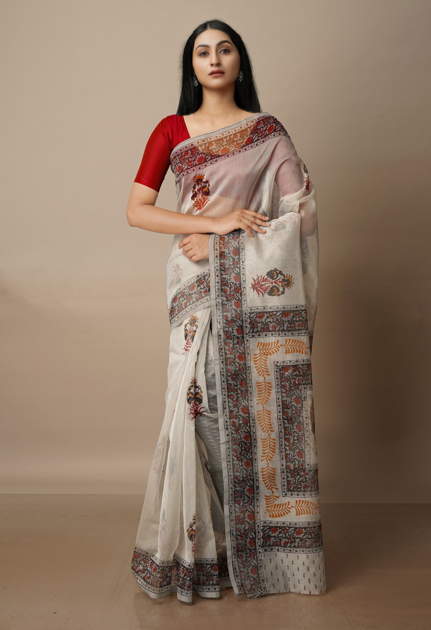 Beige Block Printed Meghalaya Supernet Saree With Pochampally Blouse Piece-UNM70649