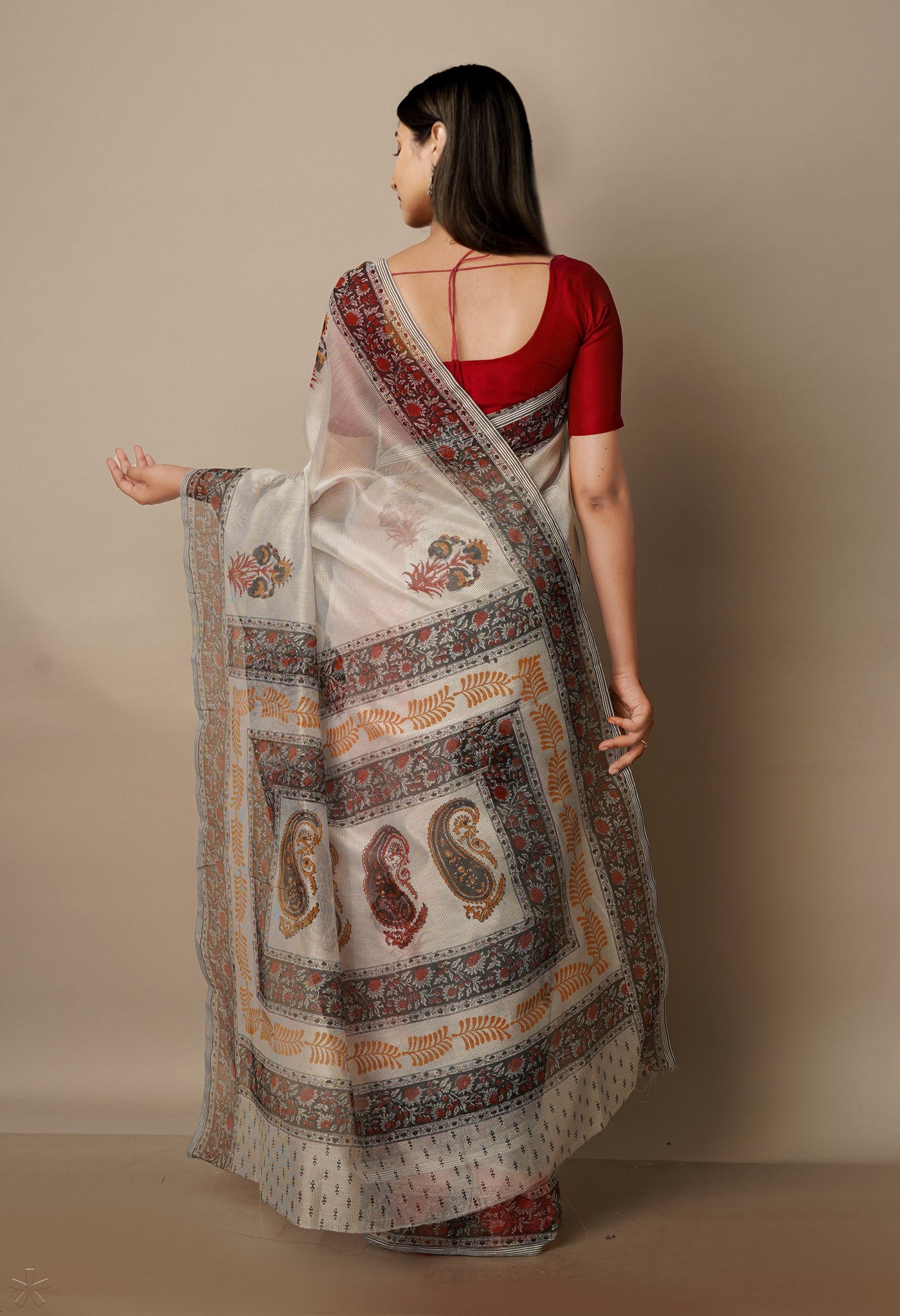 Beige Block Printed Meghalaya Supernet Saree With Pochampally Blouse Piece-UNM70649