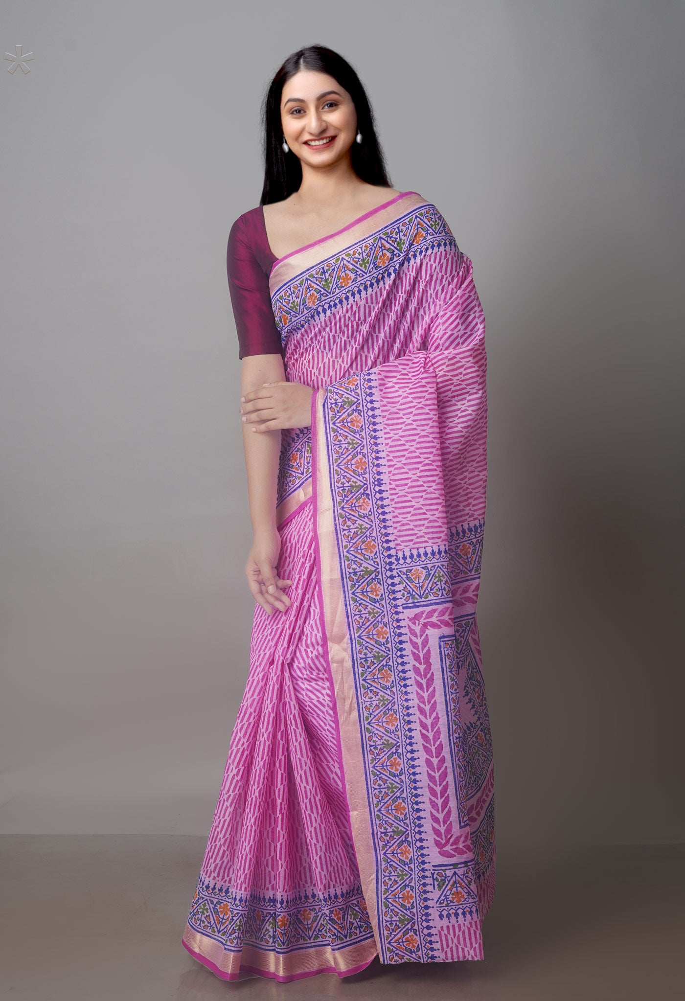 Pink Block Printed Chanderi Sico Saree-UNM70662