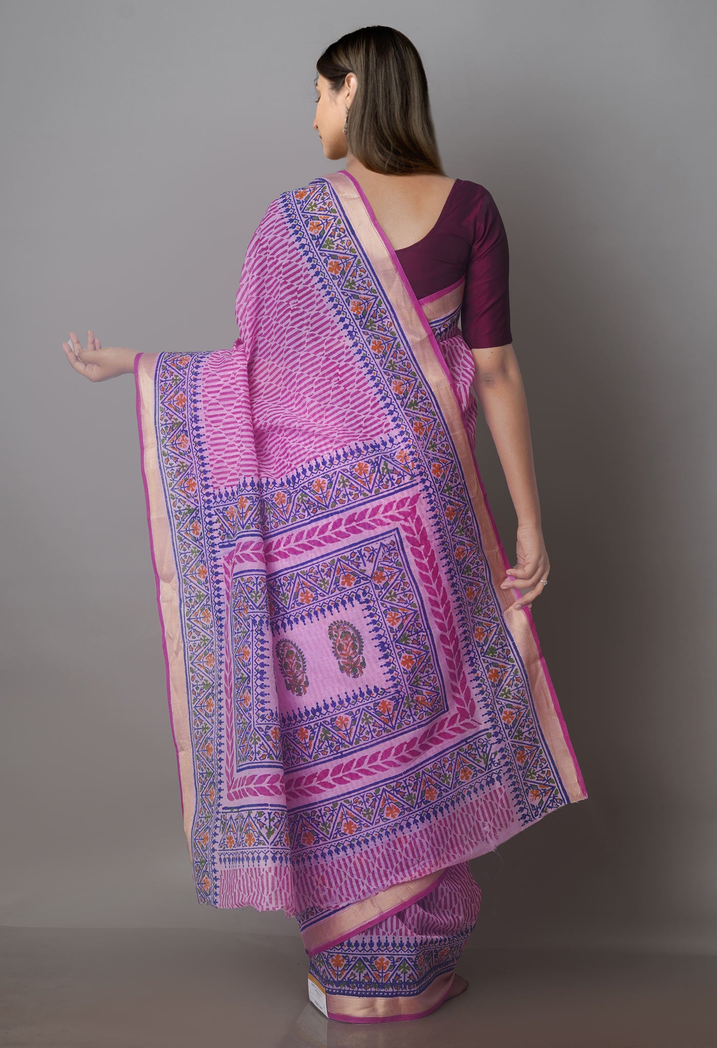 Pink Block Printed Chanderi Sico Saree-UNM70662