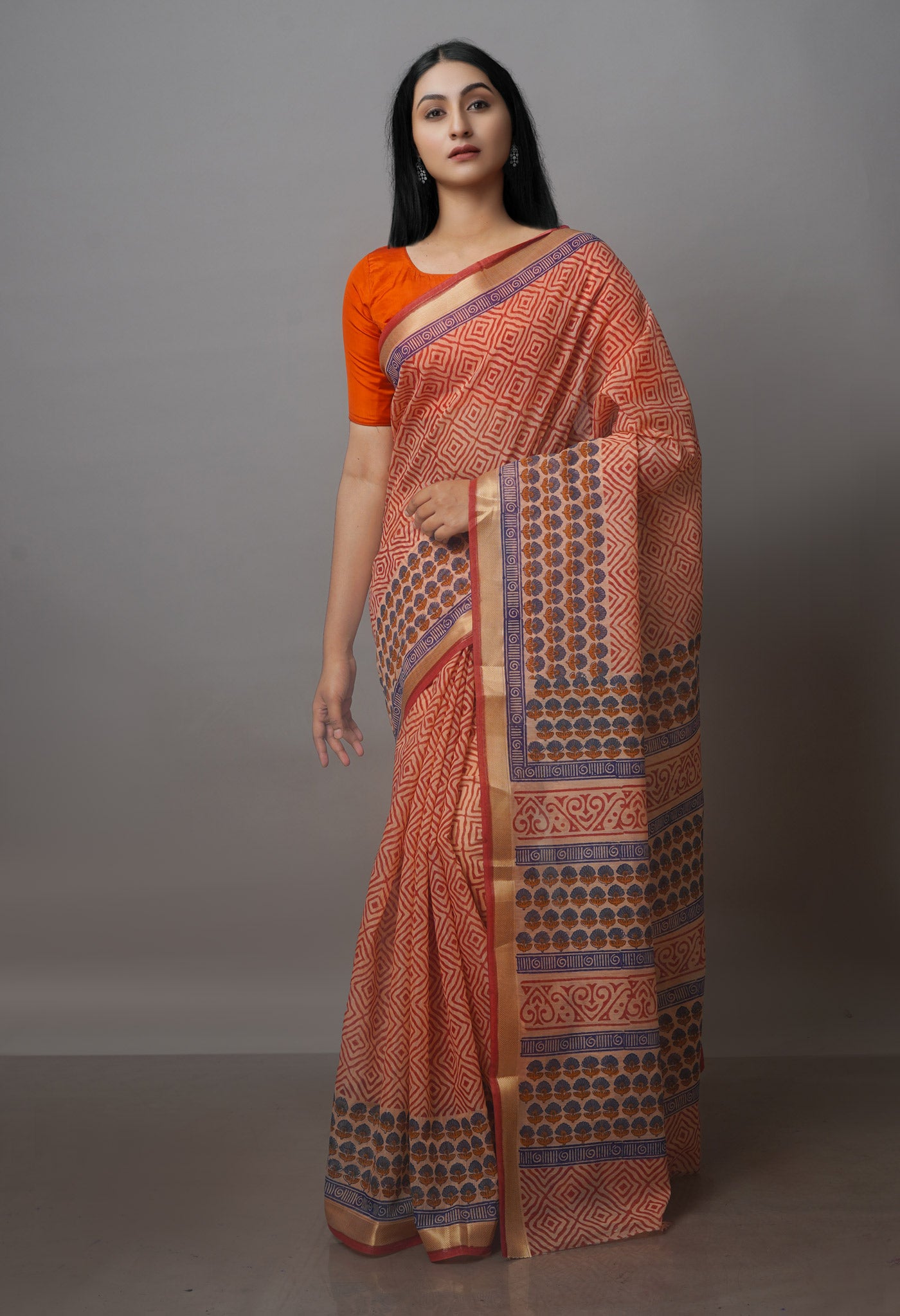 Peach Orange Block Printed Chanderi Sico Saree-UNM70663