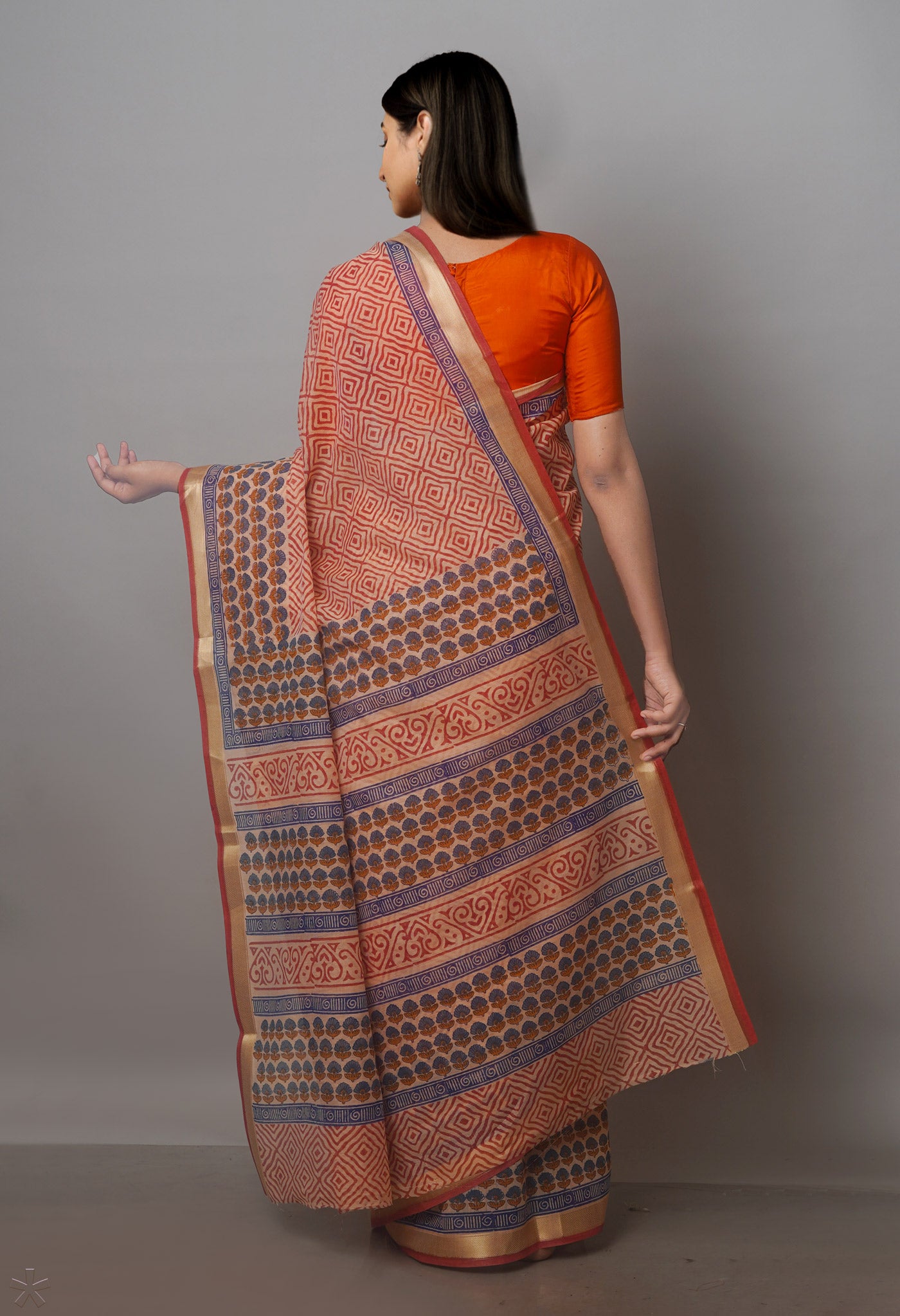 Peach Orange Block Printed Chanderi Sico Saree-UNM70663