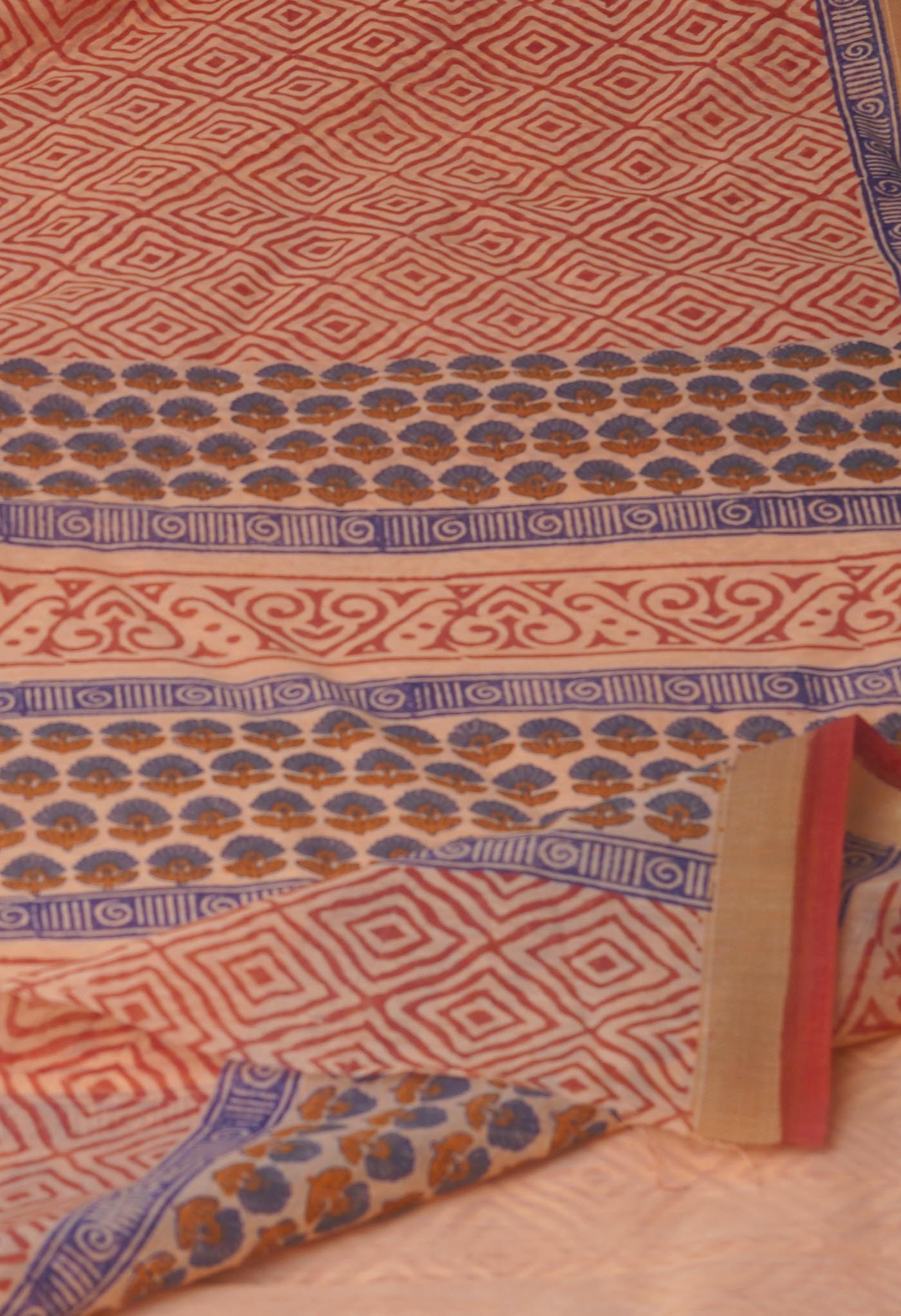 Peach Orange Block Printed Chanderi Sico Saree-UNM70663