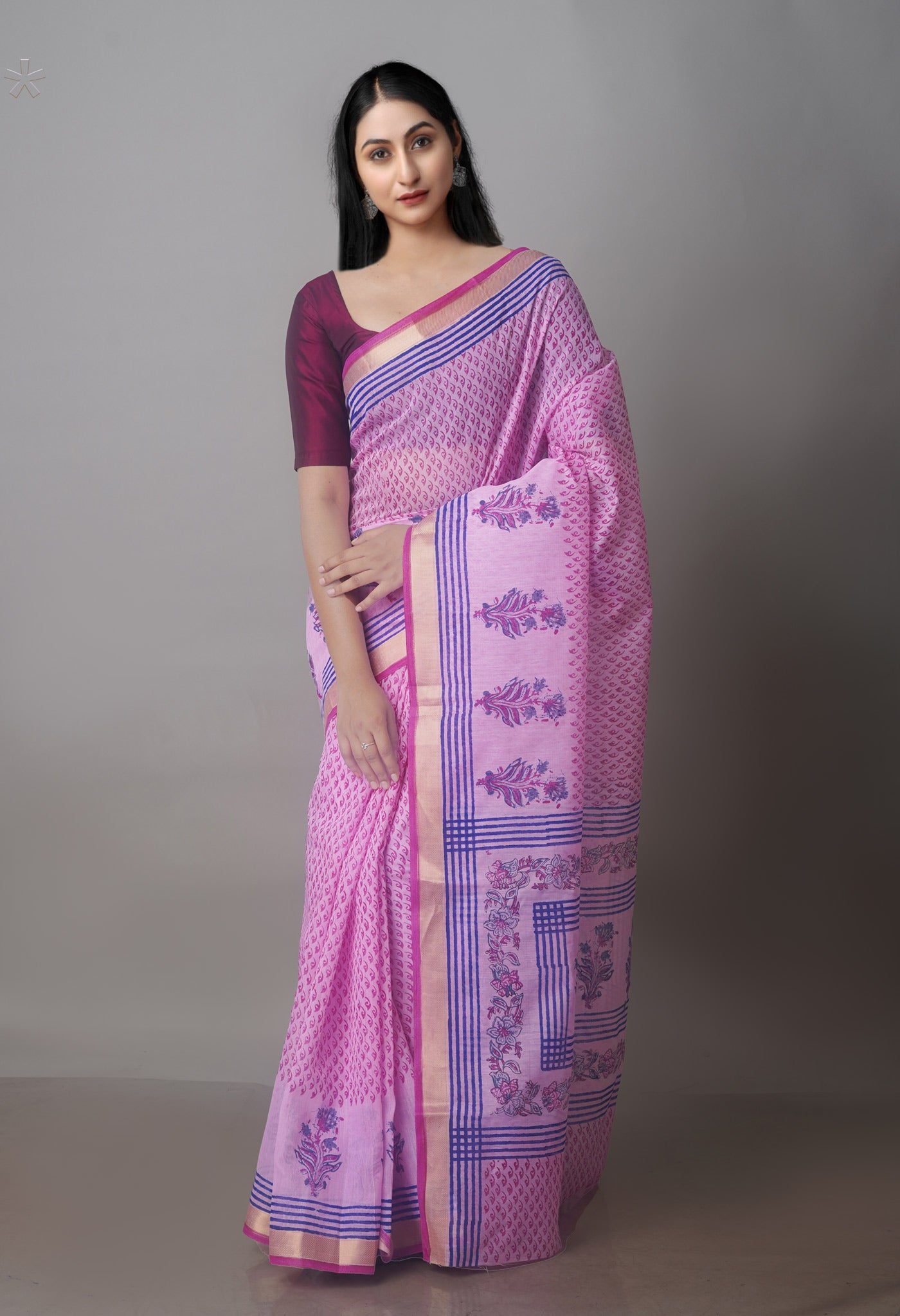 Pink Block Printed Chanderi Sico Saree-UNM70666